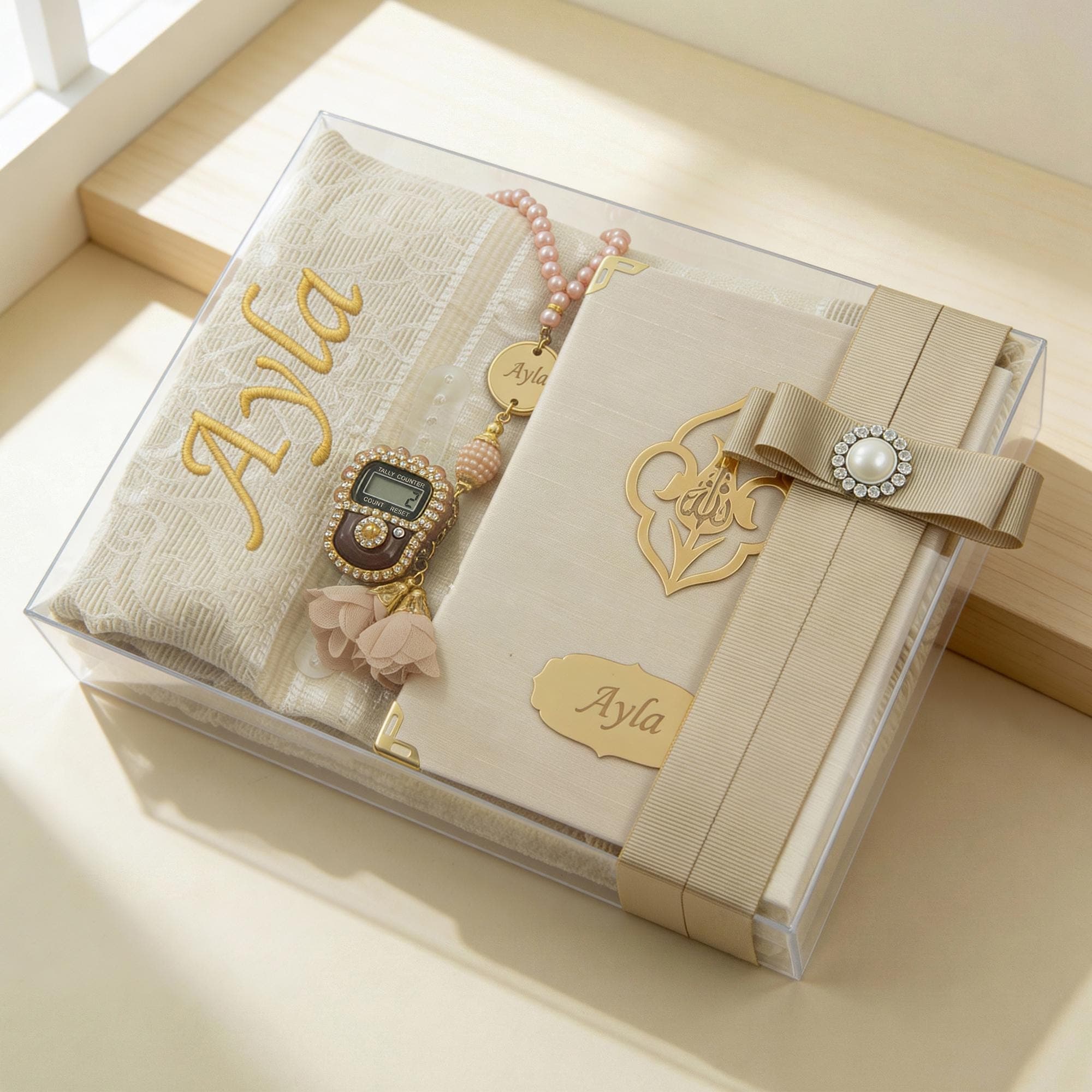 Personalized Islamic Gift Set, Prayer Mat, Yaseen Book, Tasbih Pink - image 4