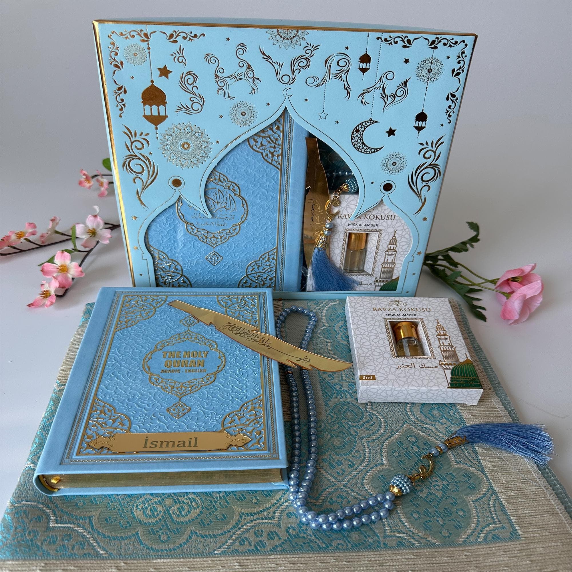 Personalized English Quran Gift Set, Prayer Rug, Rosary, Eid Ramadan Gift