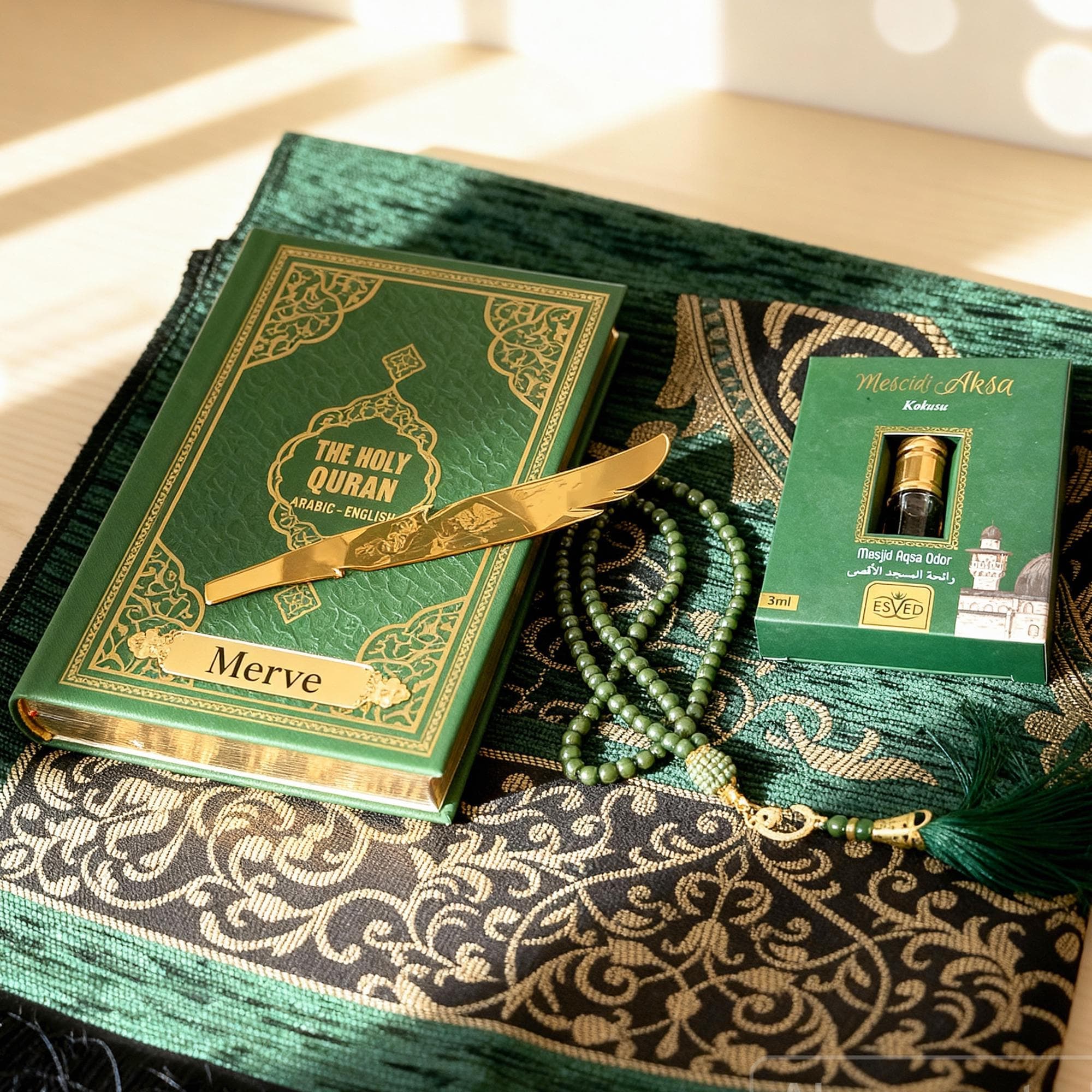 Personalized English Translated Quran Set Muslim Gift Ramadan Gift Islamic Gift, Eid, English Prayer Rug Beads Thermo Leather Cover Green - image 3