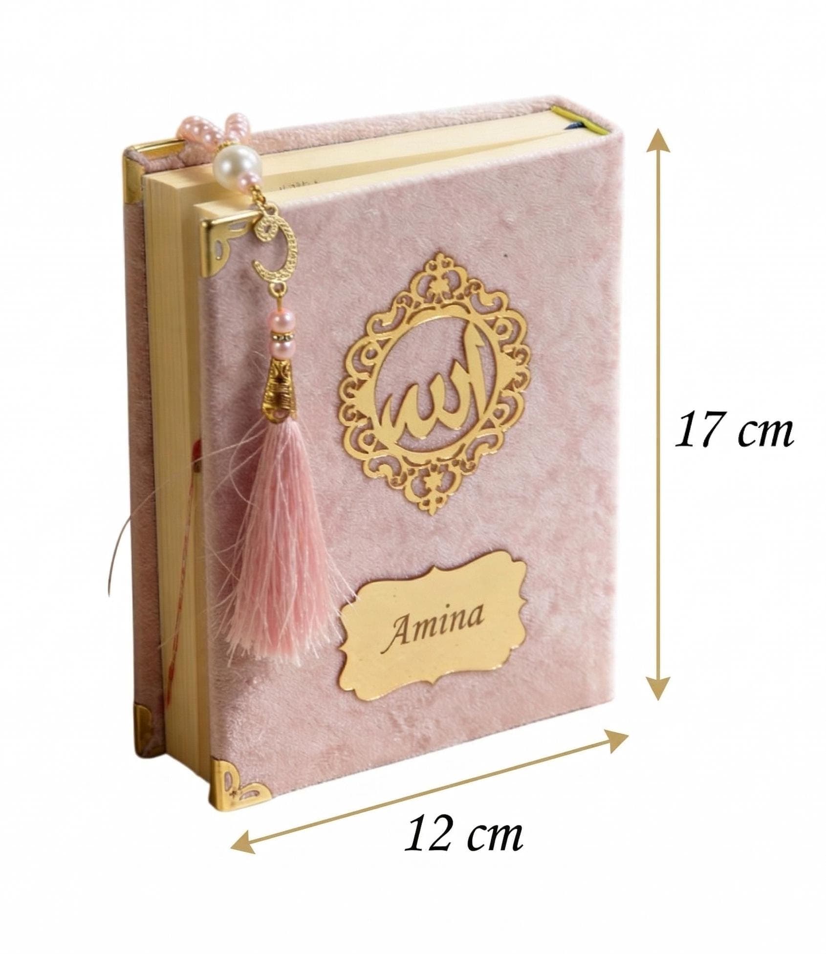 Personalized Velvet Quran Set with Madinah Script, Pocket Size Tasbeeh (12x17cm) Fuchsia - image 5