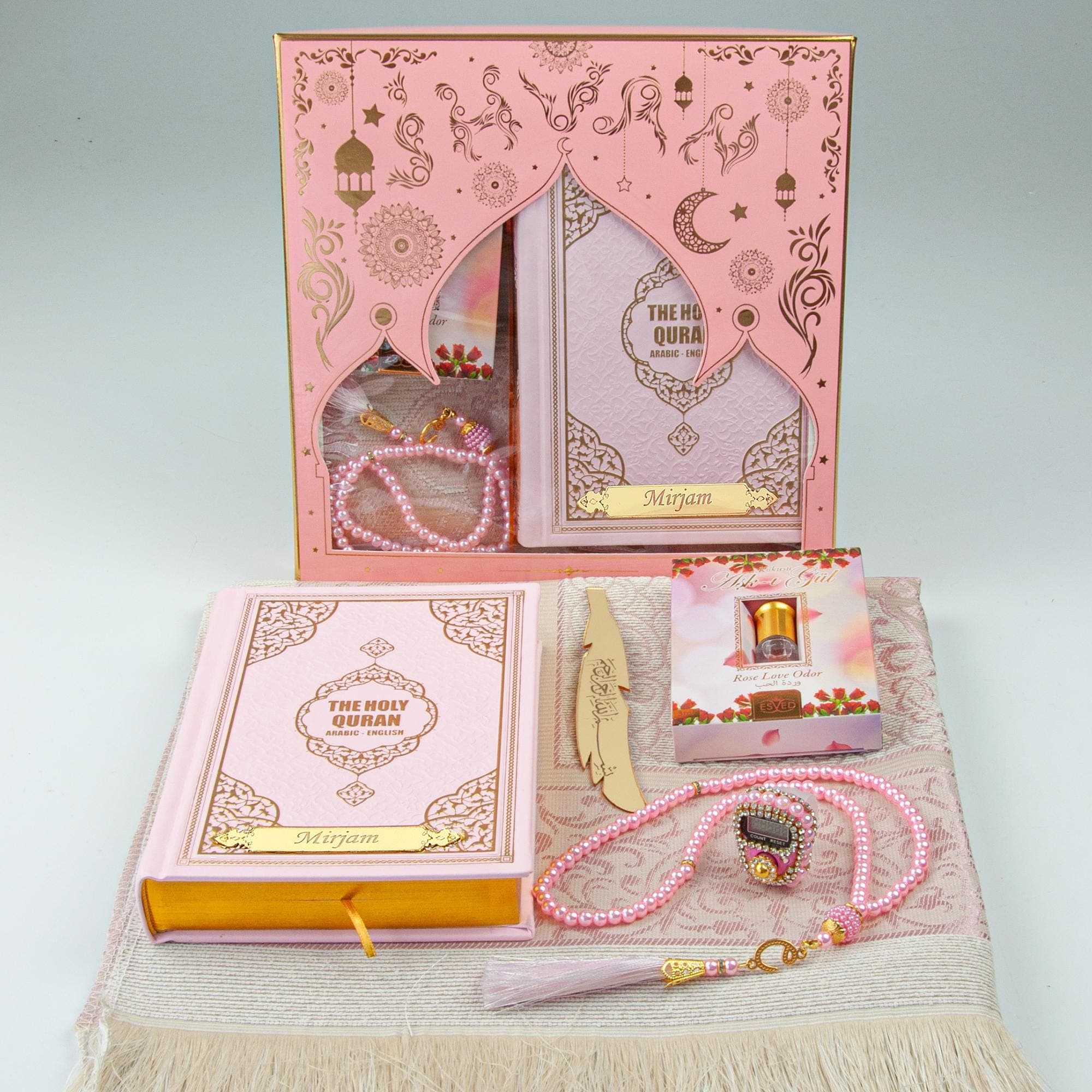 Personalized English Quran Prayer Rug Set Muslim Gift Ramadan Islamic Gift Eid Gift Prayer Rug Beads Thermo Leather Cover Pink Gold Gradient