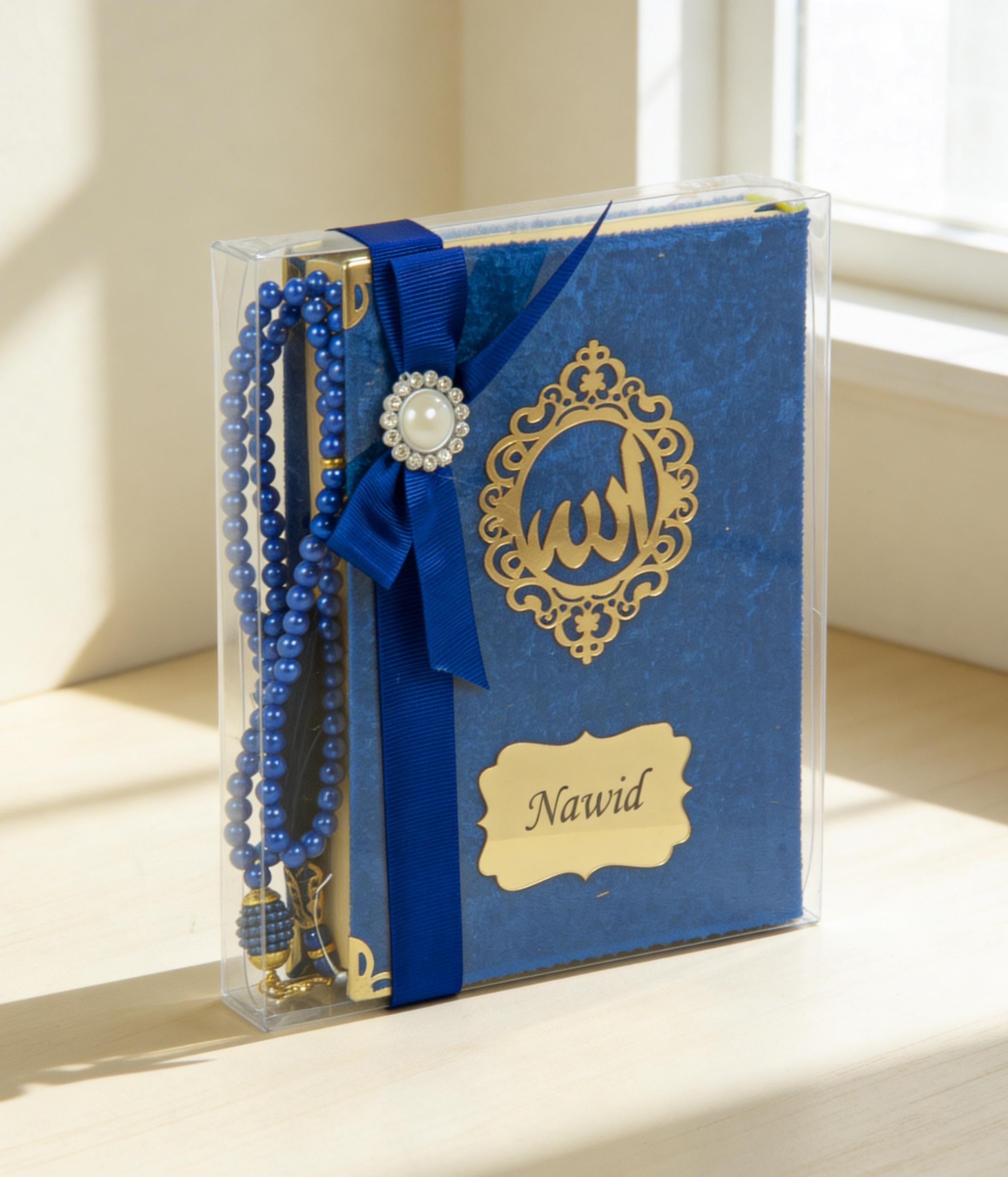 Personalized Velvet Quran Set with Tasbeeh, Pocket Madinah Script Islamic Gift Navy