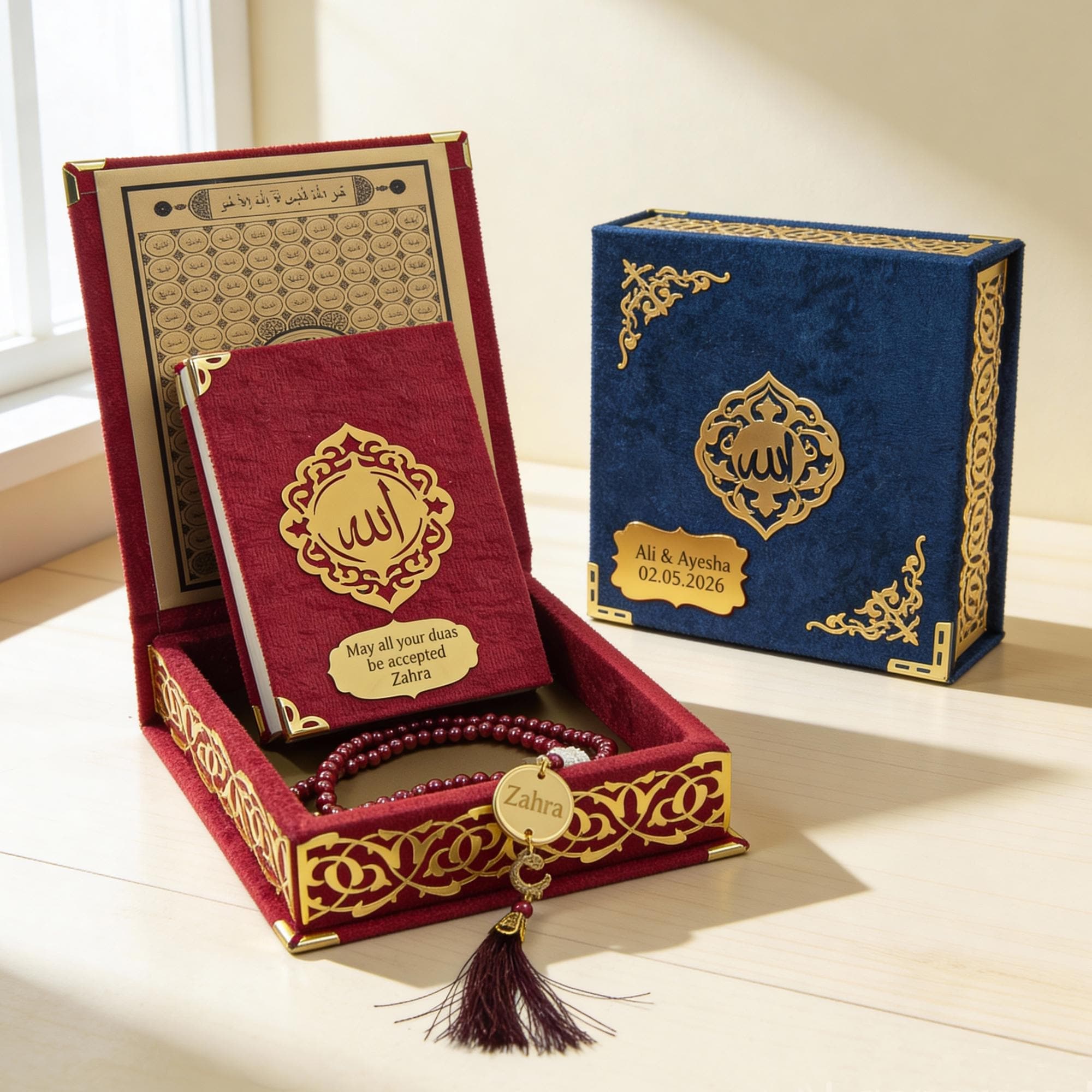 Personalized Quran Gift Set, Elegant Velvet Boxed Quran, Custom Name Arabic Quran, Prayer Beads, Islamic Wedding Gift, Nikkah & Eid Gift - image 3