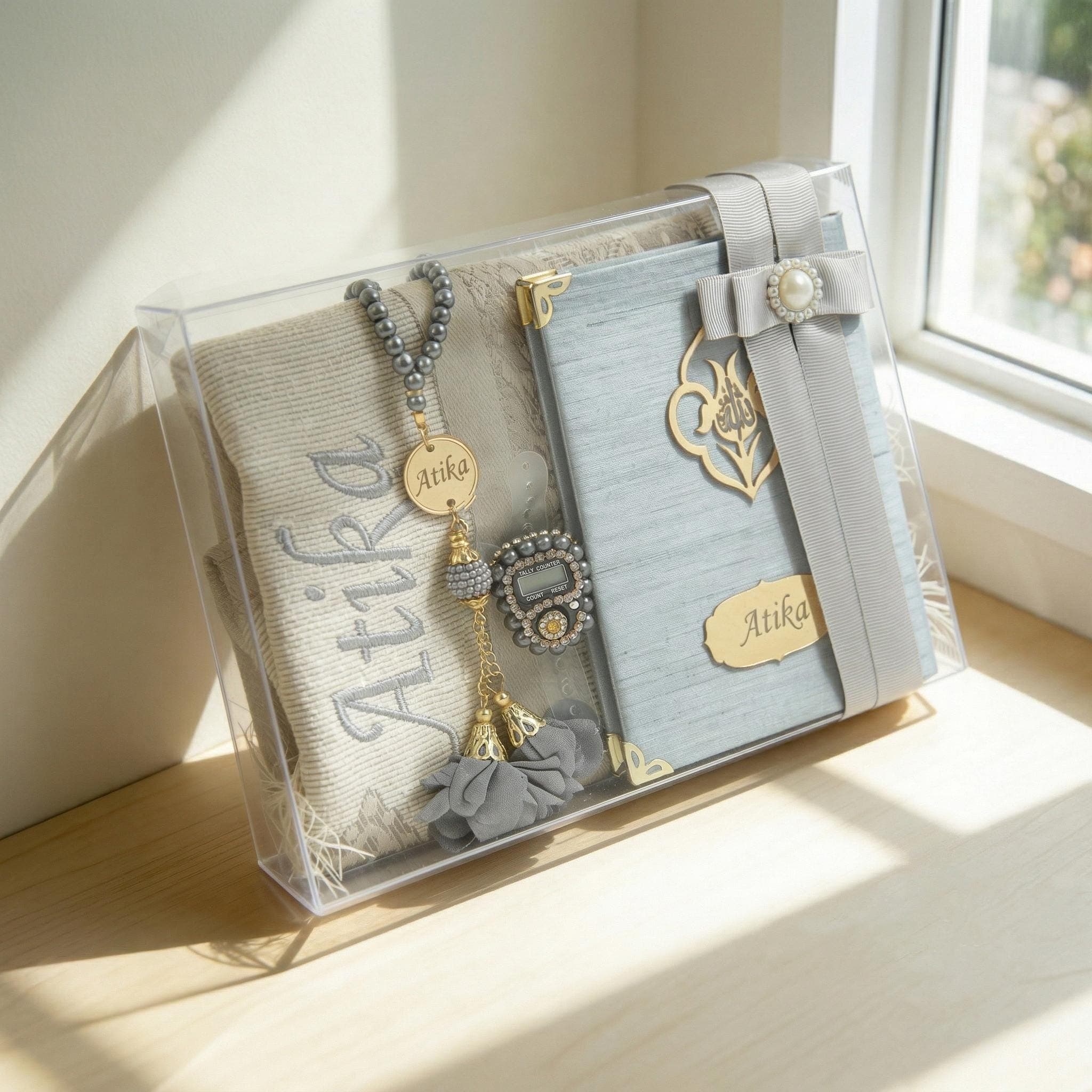 Personalized Islamic Gift Set, Prayer Mat, Yaseen Book, Tasbih Pink - image 5