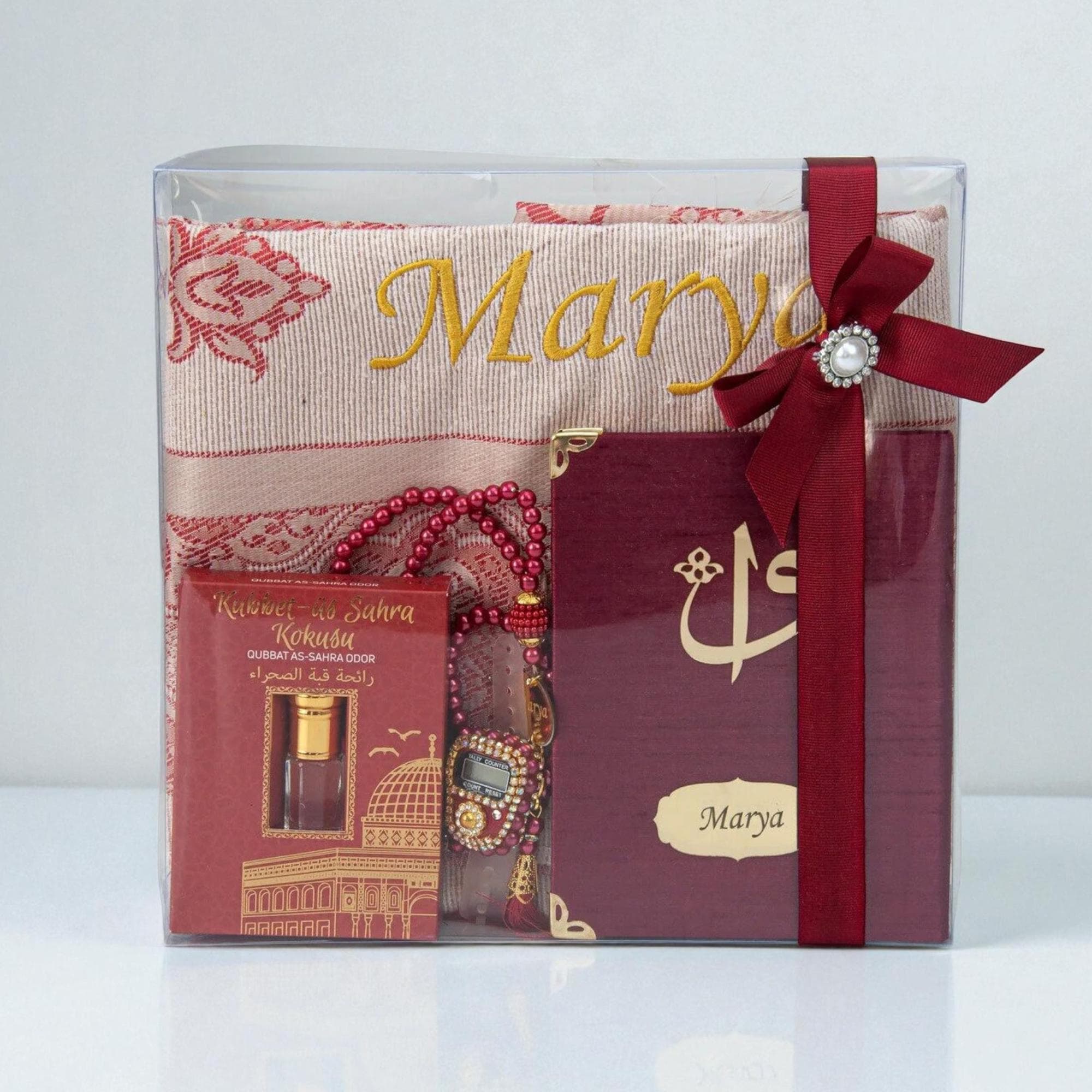Personalized Prayer Mat, Islamic Gift Set, Yaseen Dua Book, Tasbih, Digital Counter & Perfume | Eid, Ramadan, Hajj, Umrah Gift Red - image 3