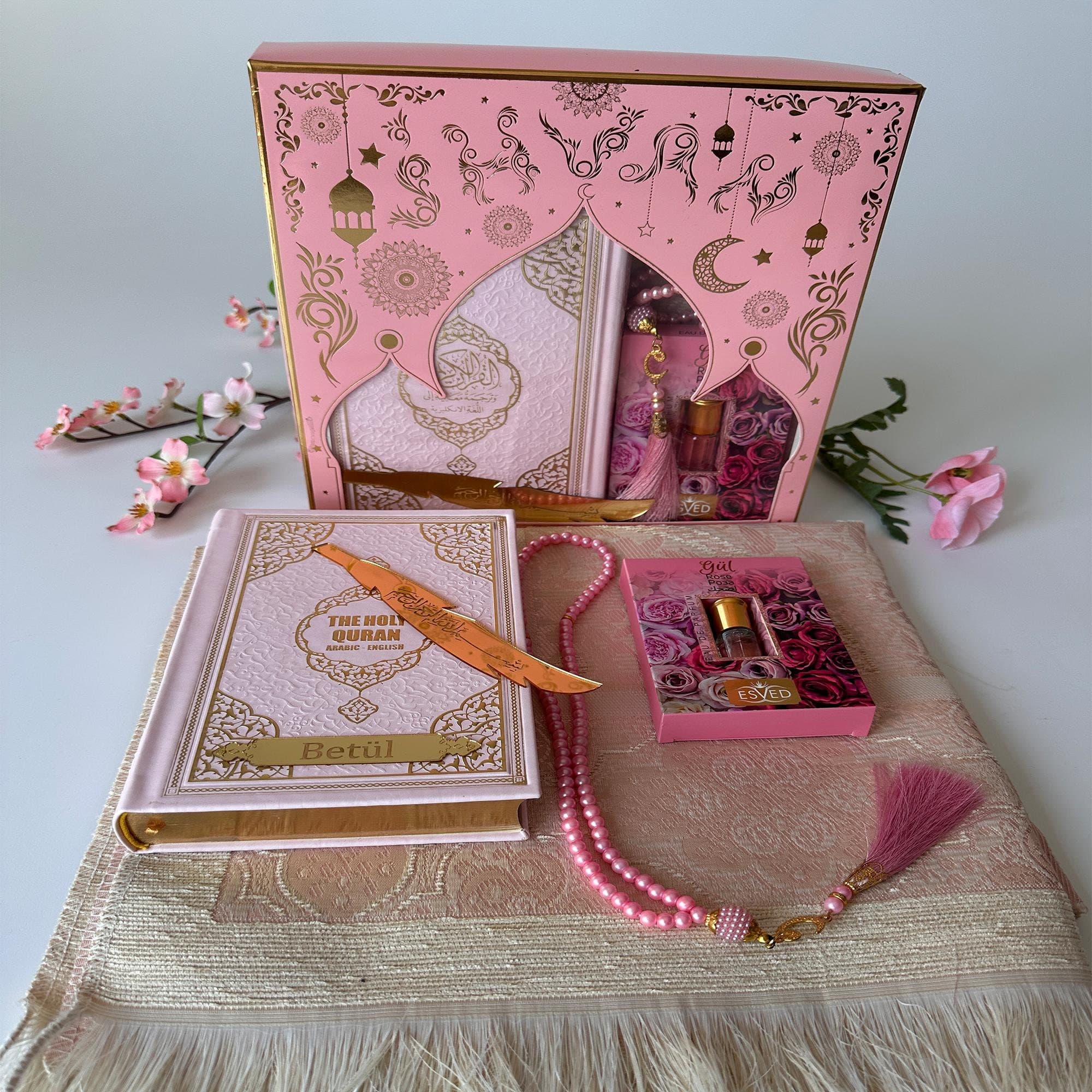 Personalized English Quran Prayer Rug Set Muslim Gift Ramadan Islamic Gift Eid Gift Prayer Rug Beads Thermo Leather Cover Pink Gold Gradient - image 3