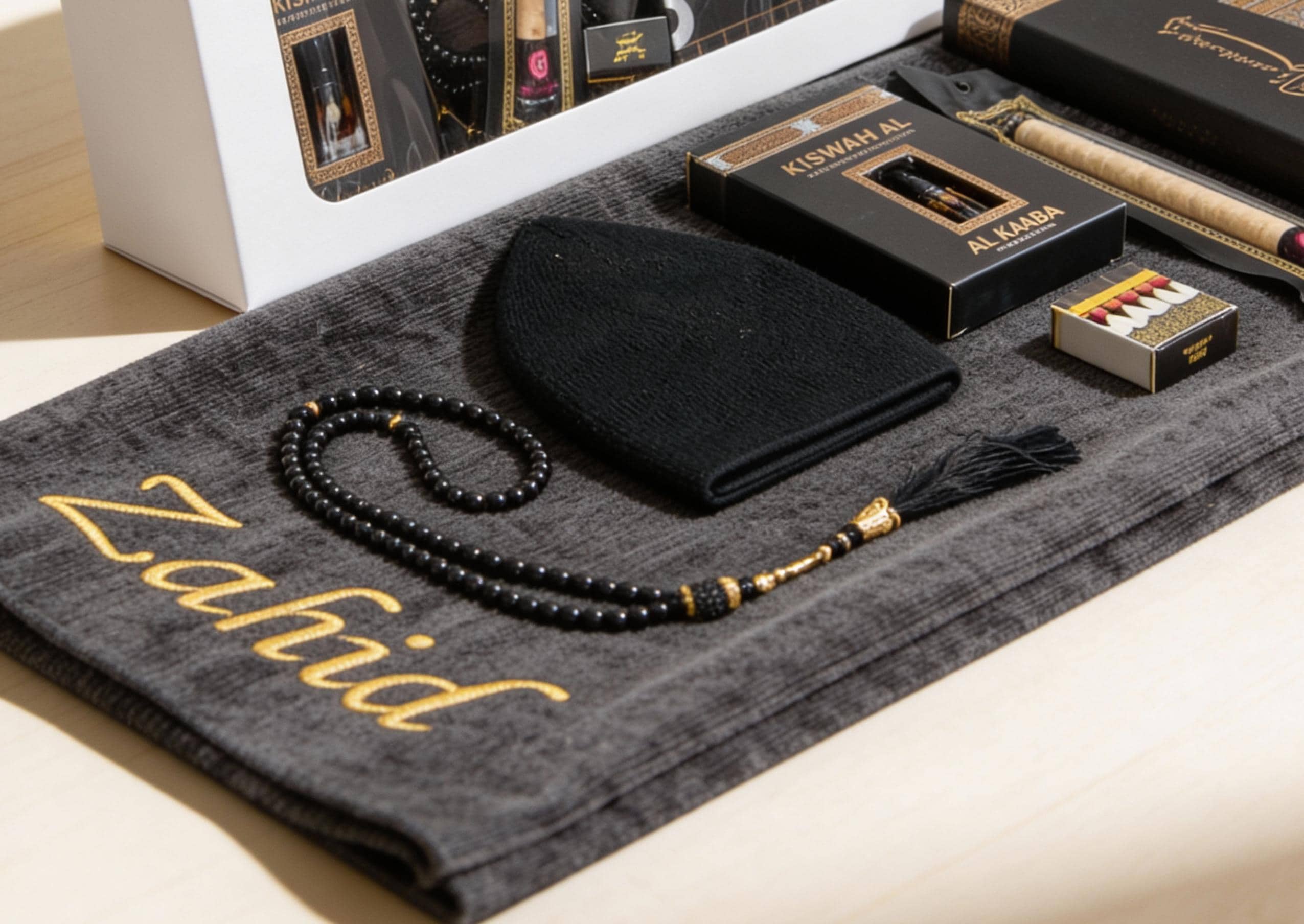 Personalized Islamic Prayer Gift Set: Quran, Prayer Rug, Beads, Kufi Hat - image 3