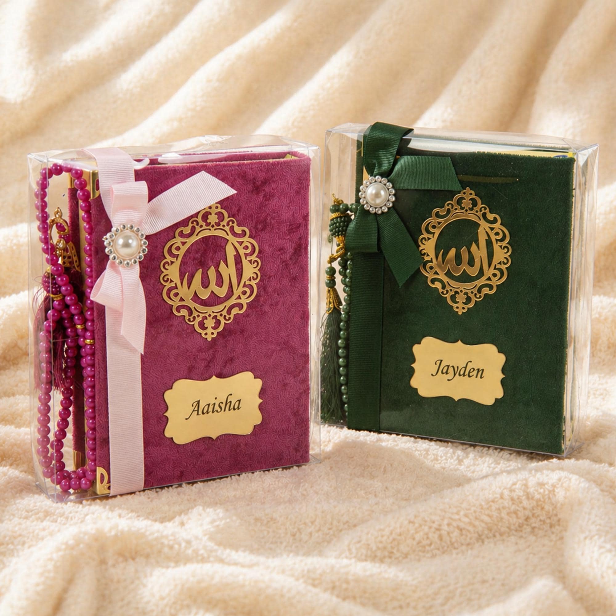 Personalized Velvet Quran Gift Set with Tasbeeh, Pocket Size Madinah Script Quran, Islamic Gift, Eid, Wedding Gift Pink
