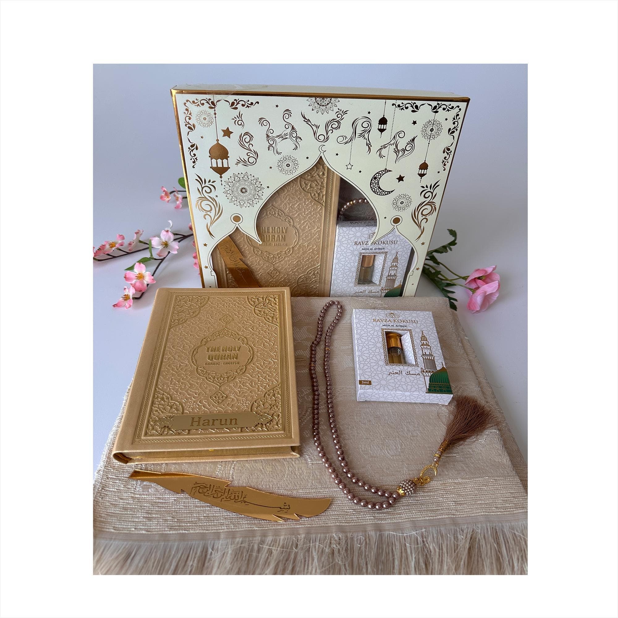 Personalized English Translated Quran Set Muslim Gift Ramadan Gift Islamic Gift, Eid, English Prayer Rug Beads Thermo Leather Cover Cream - image 3