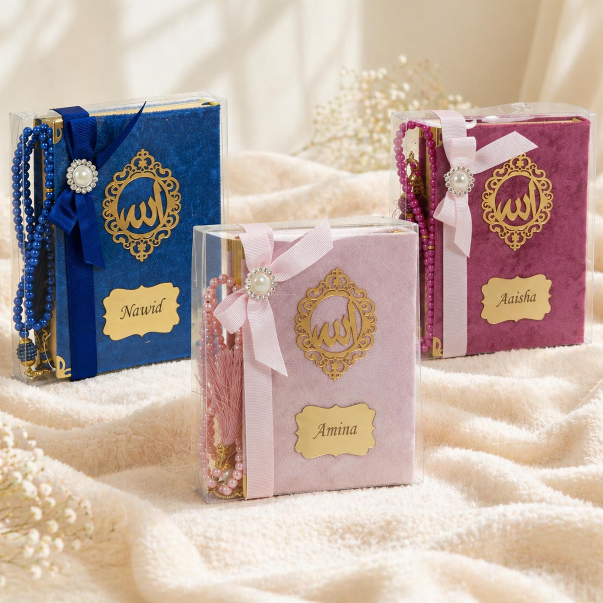 Personalized Velvet Quran Gift Set with Tasbeeh, Pocket Size Madinah Script Quran, Islamic Gift, Eid, Wedding Gift Pink - image 3