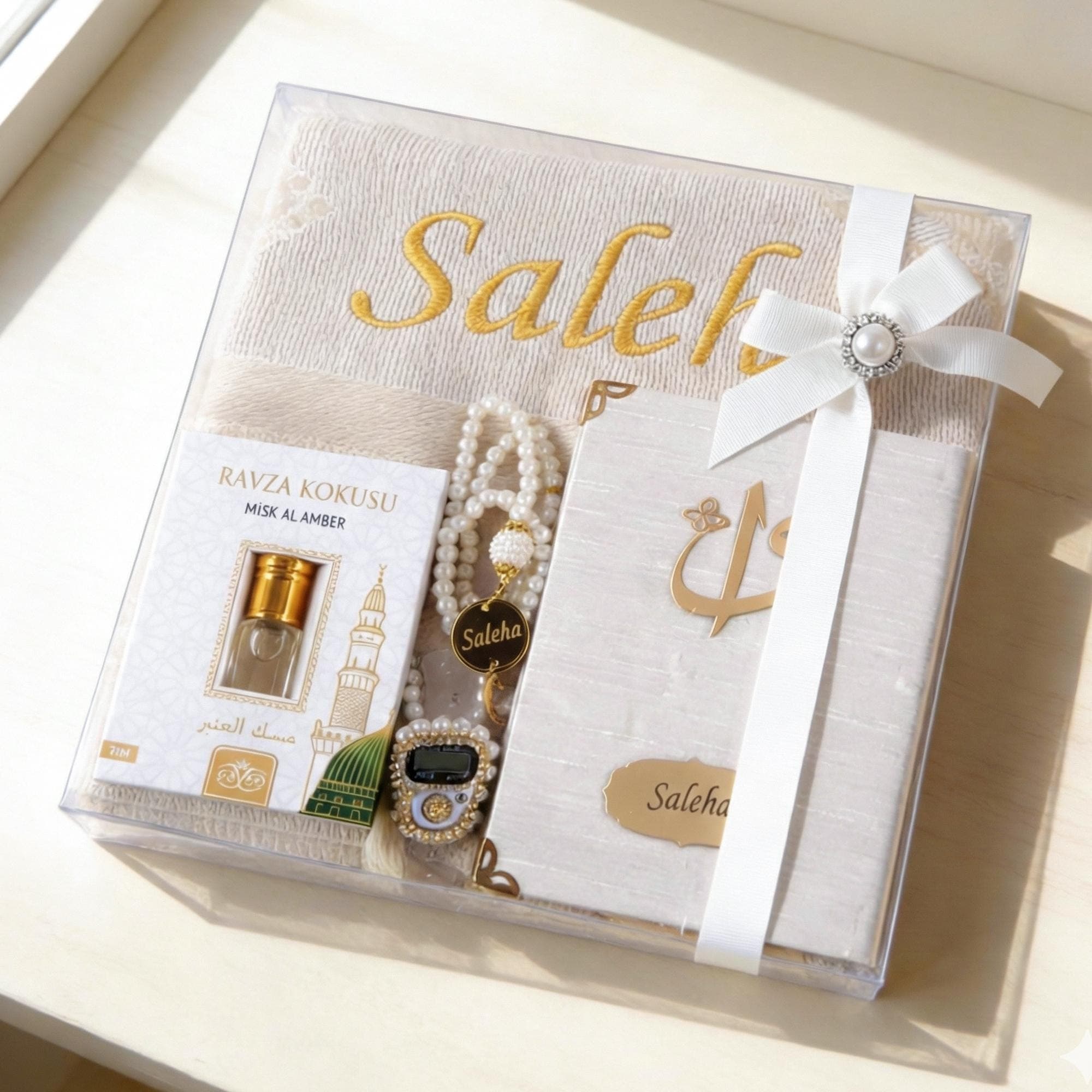 Personalized Prayer Mat, Islamic Gift Set, Yaseen Dua Book, Tasbih, Digital Counter & Perfume | Eid, Ramadan, Hajj, Umrah Gift White