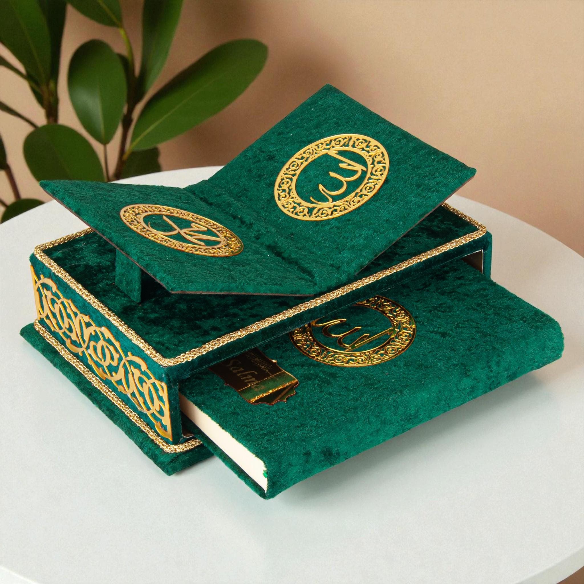 Personalized Velvet Quran with Quran Stand for Islamic Gift Green