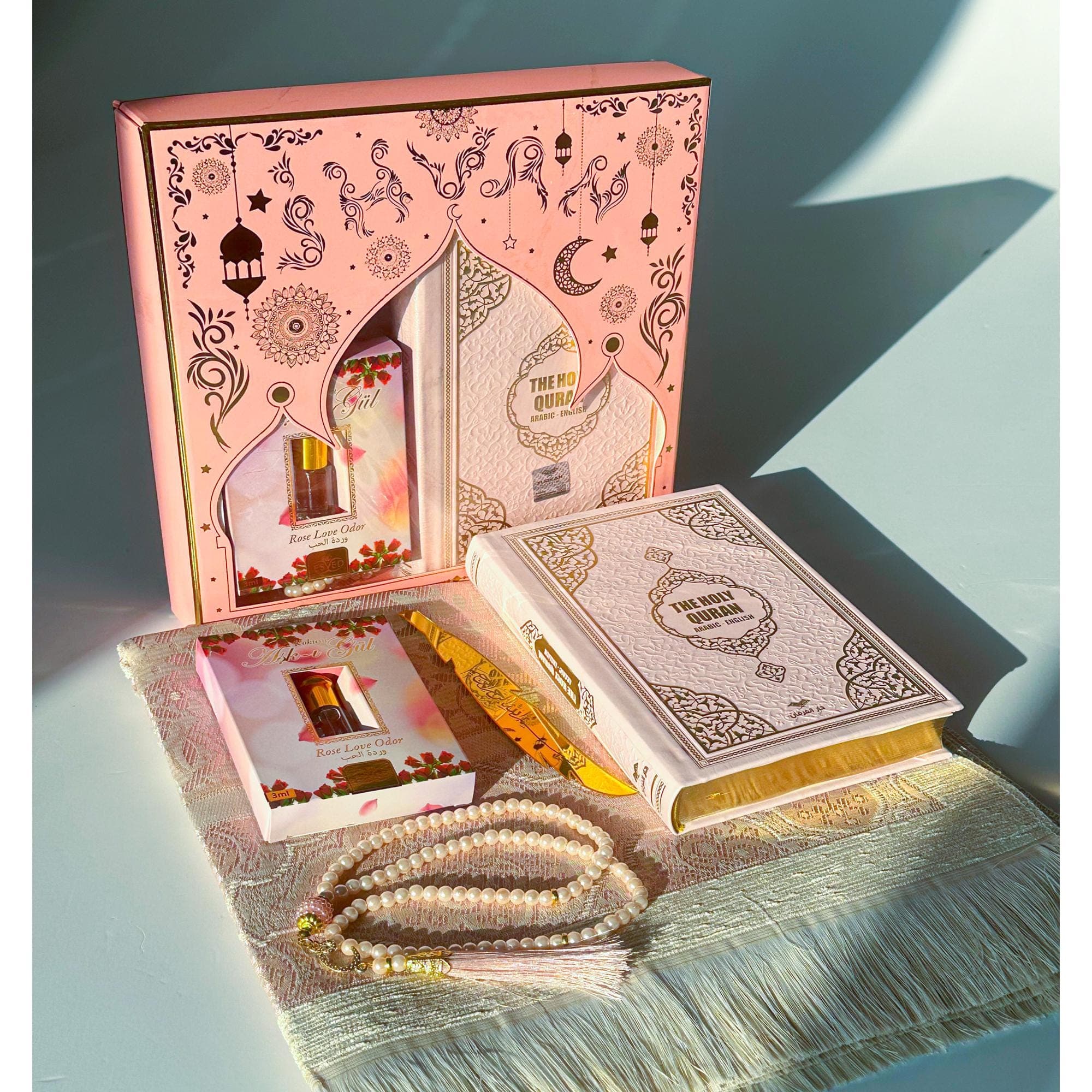 Personalized English Quran Prayer Rug Set Muslim Gift Ramadan Islamic Gift Eid Gift Prayer Rug Beads Thermo Leather Cover Pink Gold Gradient - image 5