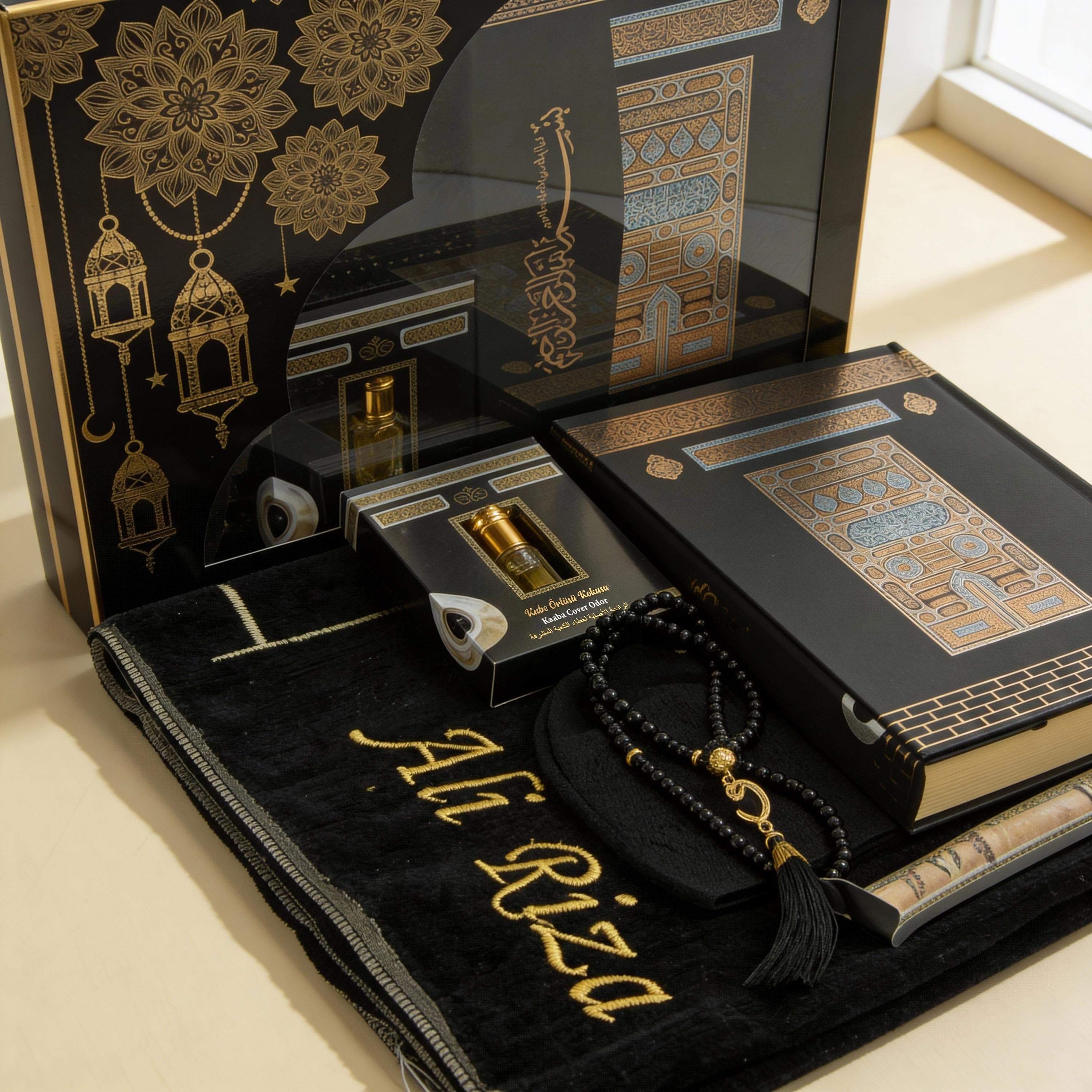 Personalized Islamic Prayer Gift Set: Kaaba Quran, Prayer Rug, Beads, Kufi Hat Black - image 3