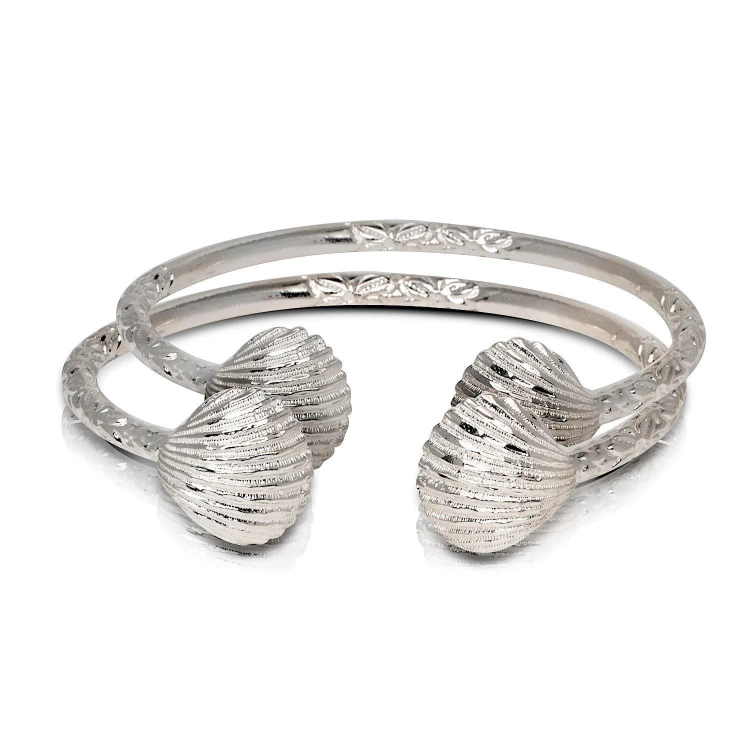 Sterling Silver Scallop Shell West Indian Bangle Bracelets, Handmade Pair, 1 pair