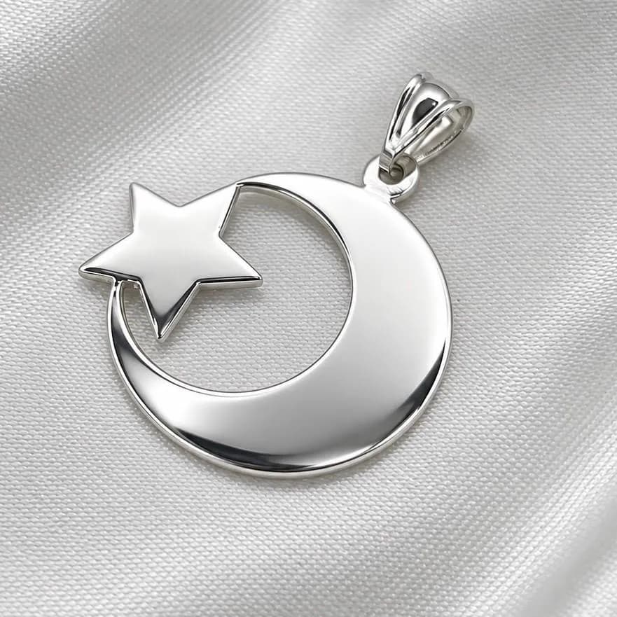 Sterling Silver Crescent Moon Star Pendant Necklace, Islamic Jewelry - image 3