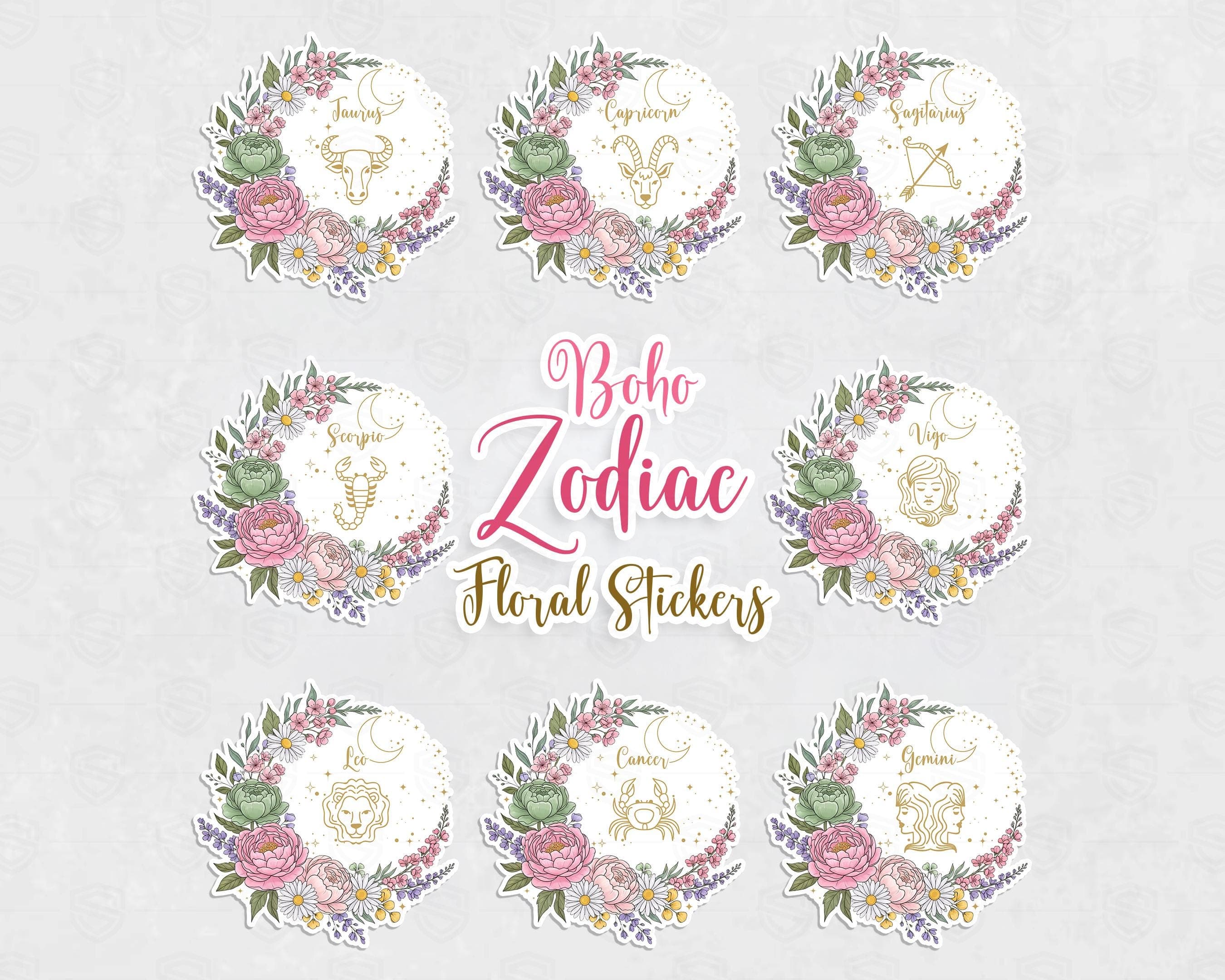 Floral Zodiac Sign Stickers Bundle PNG | Astrology Signs Clipart | Spring Flower Horoscope Art | Boho Celestial Stickers