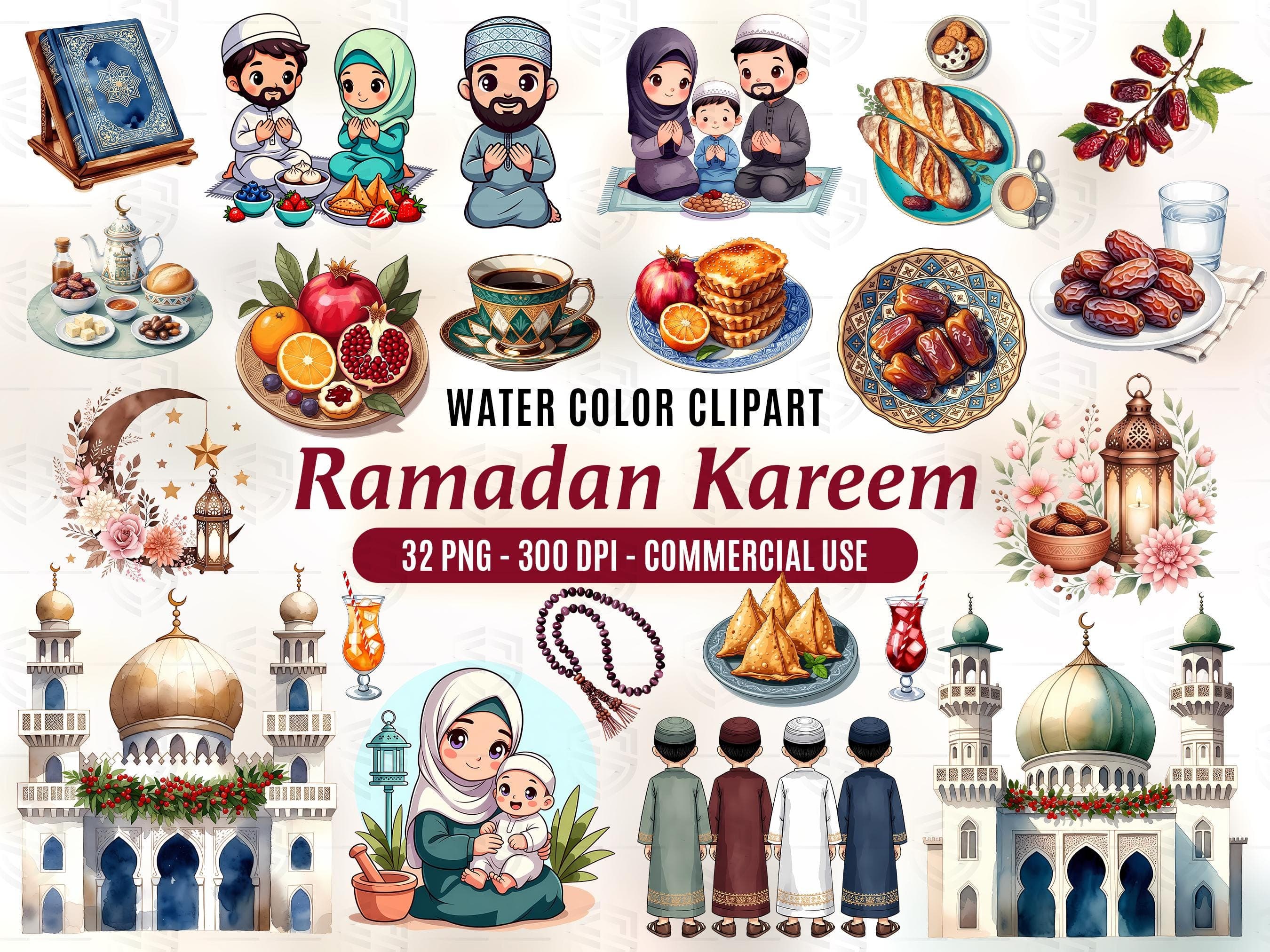 Ramadan Clipart PNG Bundle | Crescent Moon & Islamic Lantern | Muslim Fasting Illustrations | Sublimation Files