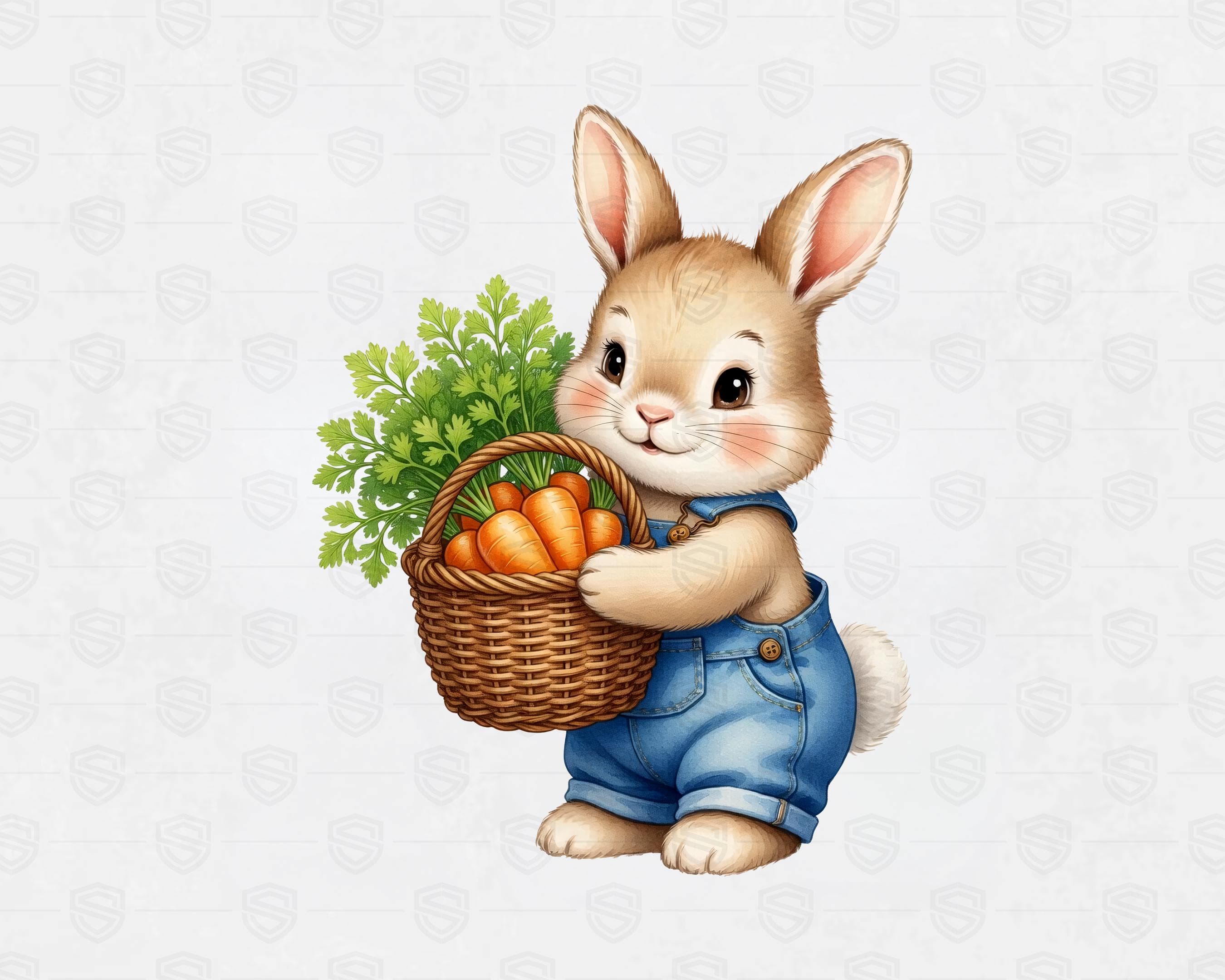 Pastel watercolor Easter bunny clipart bundle with carrot basket and spring elements PNG
