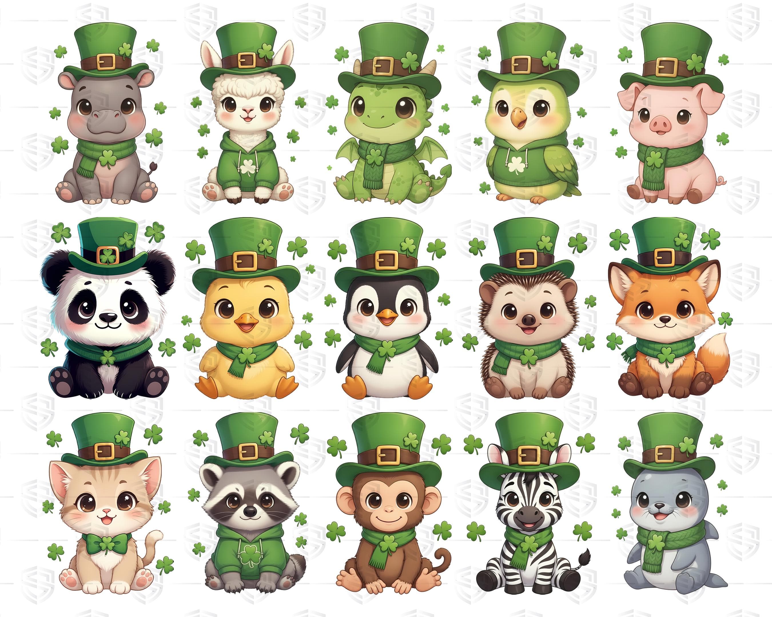 St. Patrick’s Day cute baby animal clipart bundle featuring 35 kawaii animals including panda, chick, raccoon, fox, penguin, pig, seal, cat and lamb wearing green leprechaun hats and shamrock scarves, transparent PNG sublimation graphics.