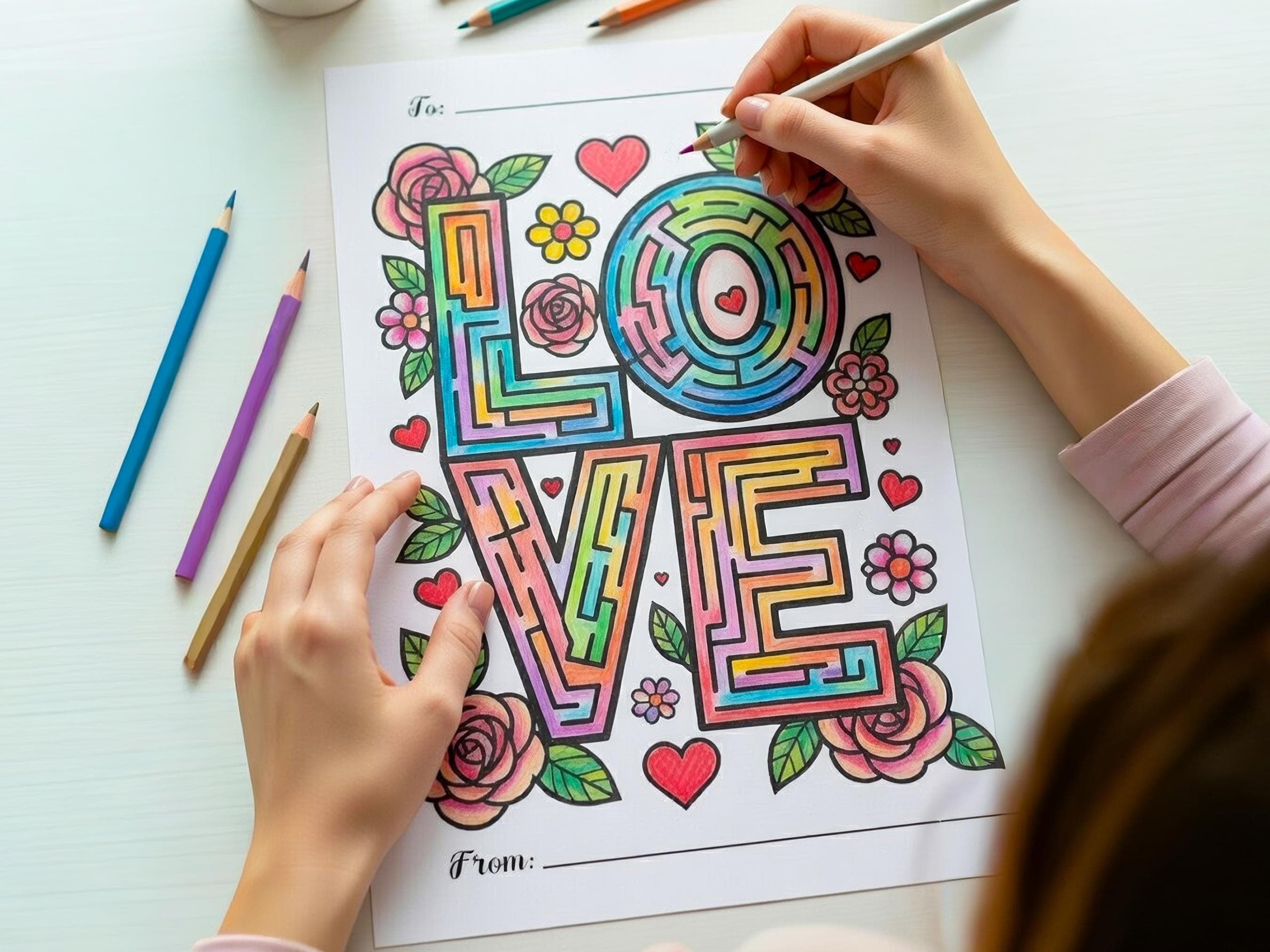Valentine Coloring Card | Maze LOVE Floral Design | 4x6 Printable | Digital Download | DIY Valentine Craft - image 4