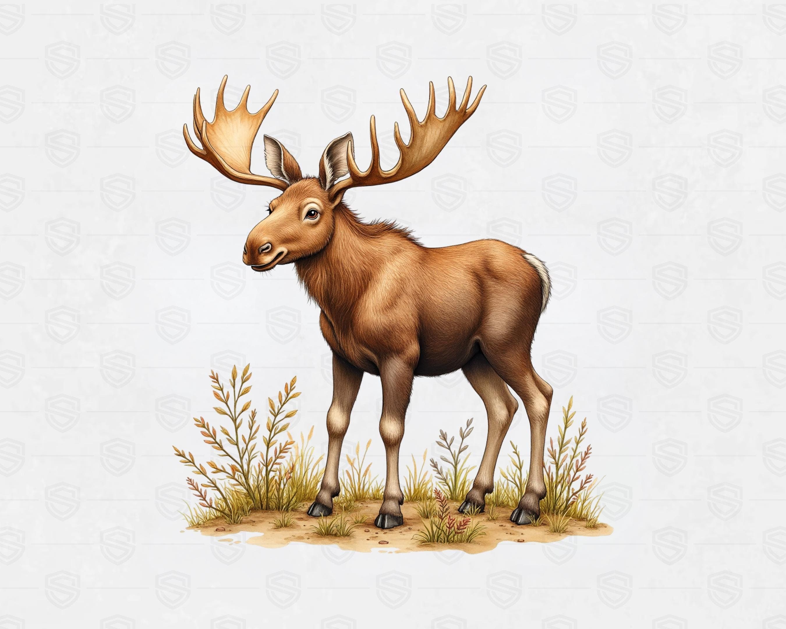 Moose in forest with mushrooms cozy woodland illustration