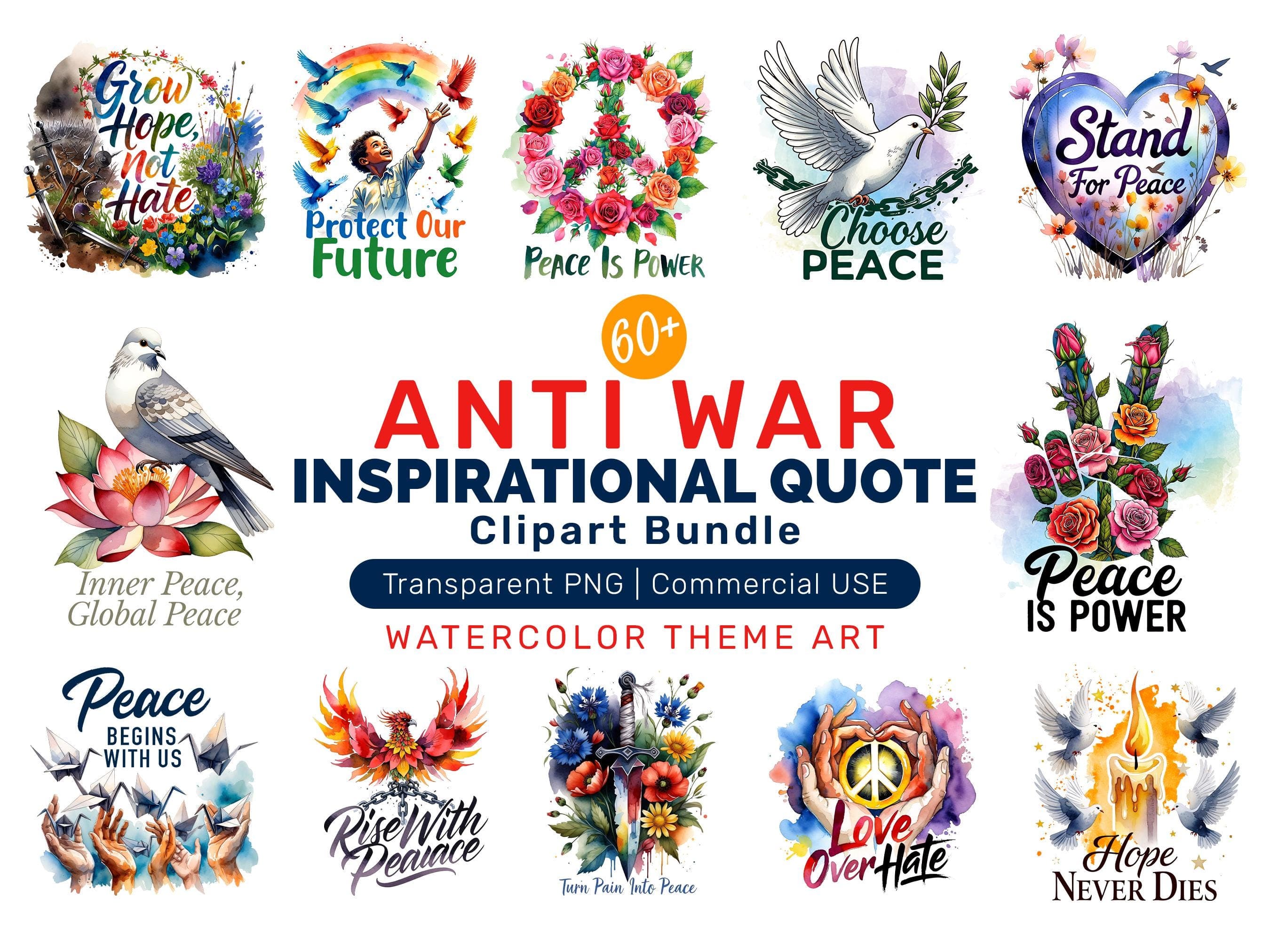 Anti War Peace Clipart Bundle, No War Motivational Quote Design, Watercolor Art, Protest T-Shirt, Digital Download