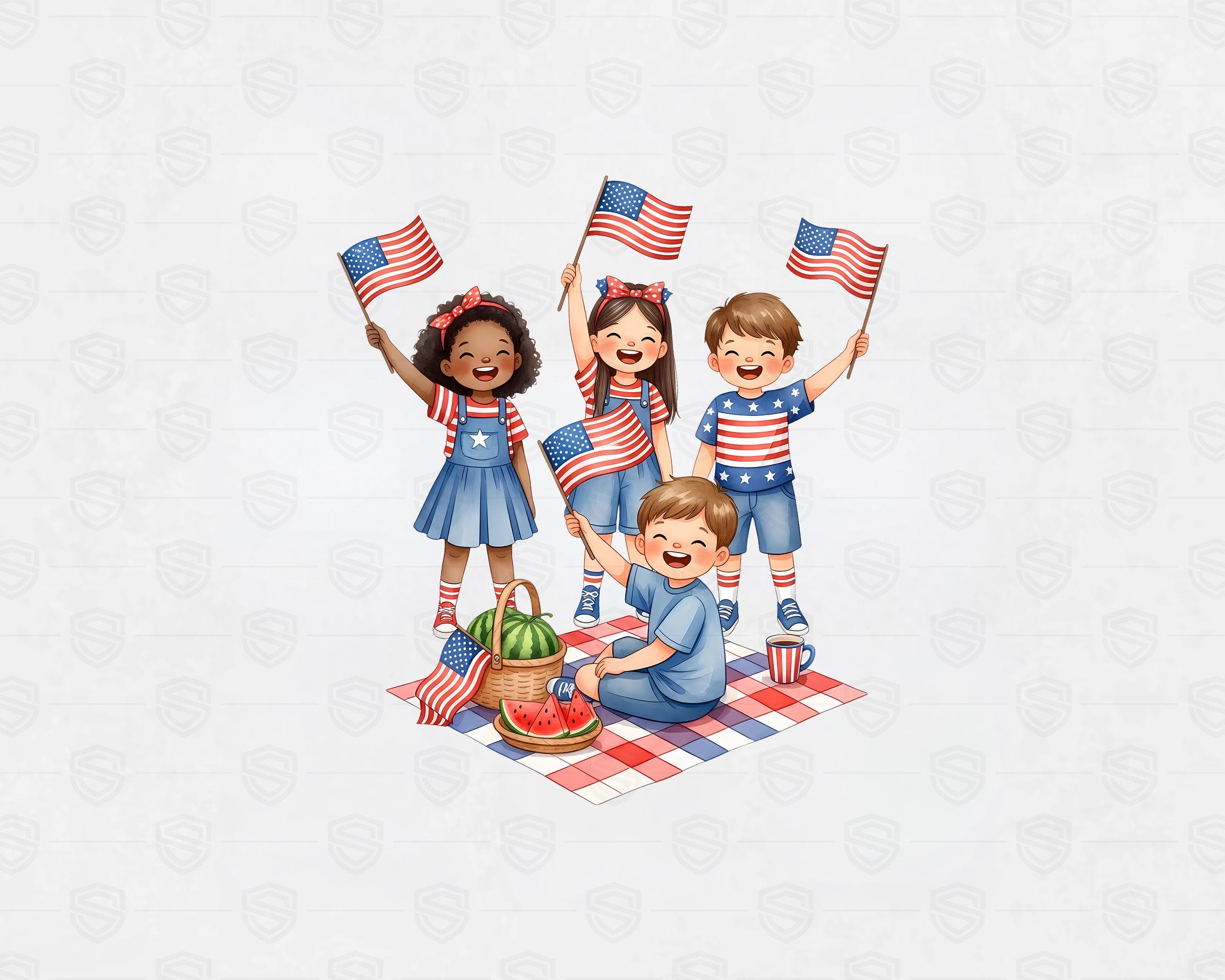 Kids picnic 4th of July cartoon illustration