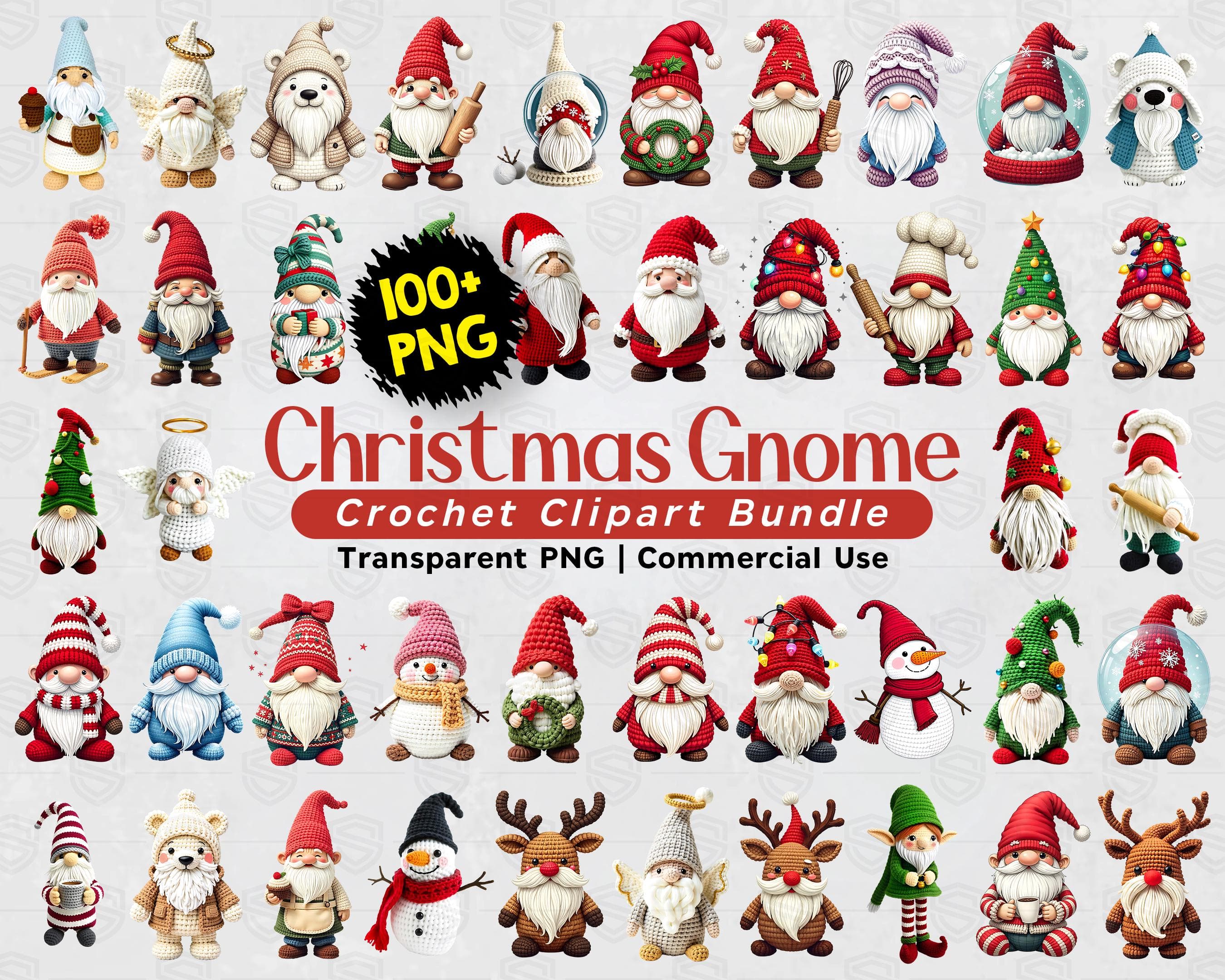 Christmas Gnome Crochet Clipart Bundle PNG, 100+ Amigurumi Holiday Gnomes, Cute Winter Sublimation Graphics, Festive Design Set