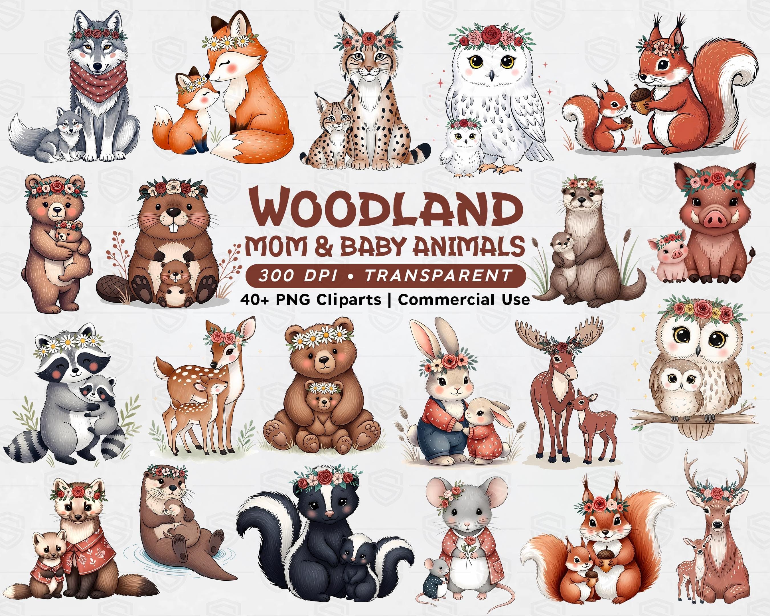 Woodland Mother Baby Animals Clipart PNG Bundle, Cute Forest Nursery Art, Baby Shower Sublimation, Mother's Day Graphics Set