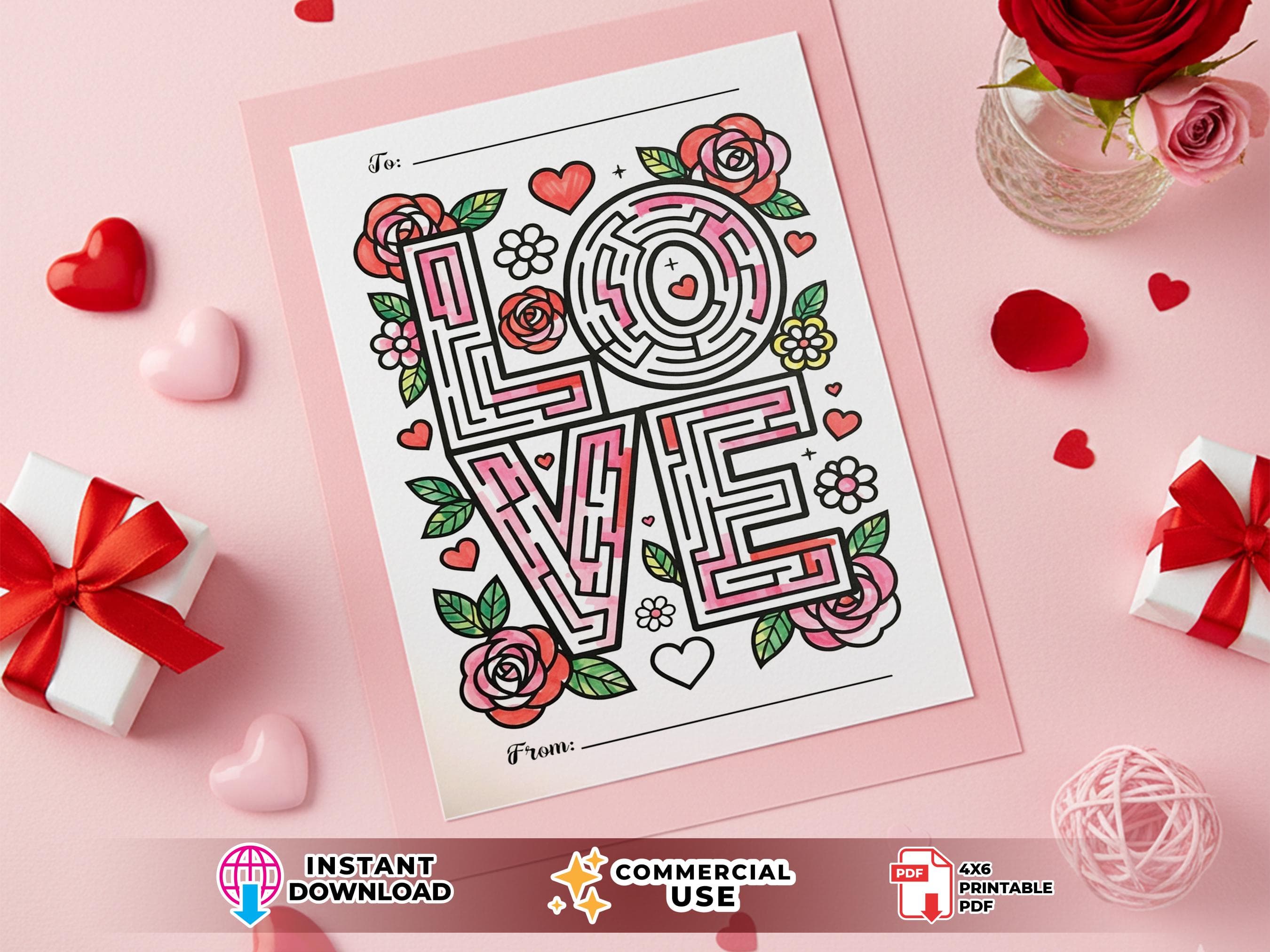 Valentine Coloring Card | Maze LOVE Floral Design | 4x6 Printable | Digital Download | DIY Valentine Craft
