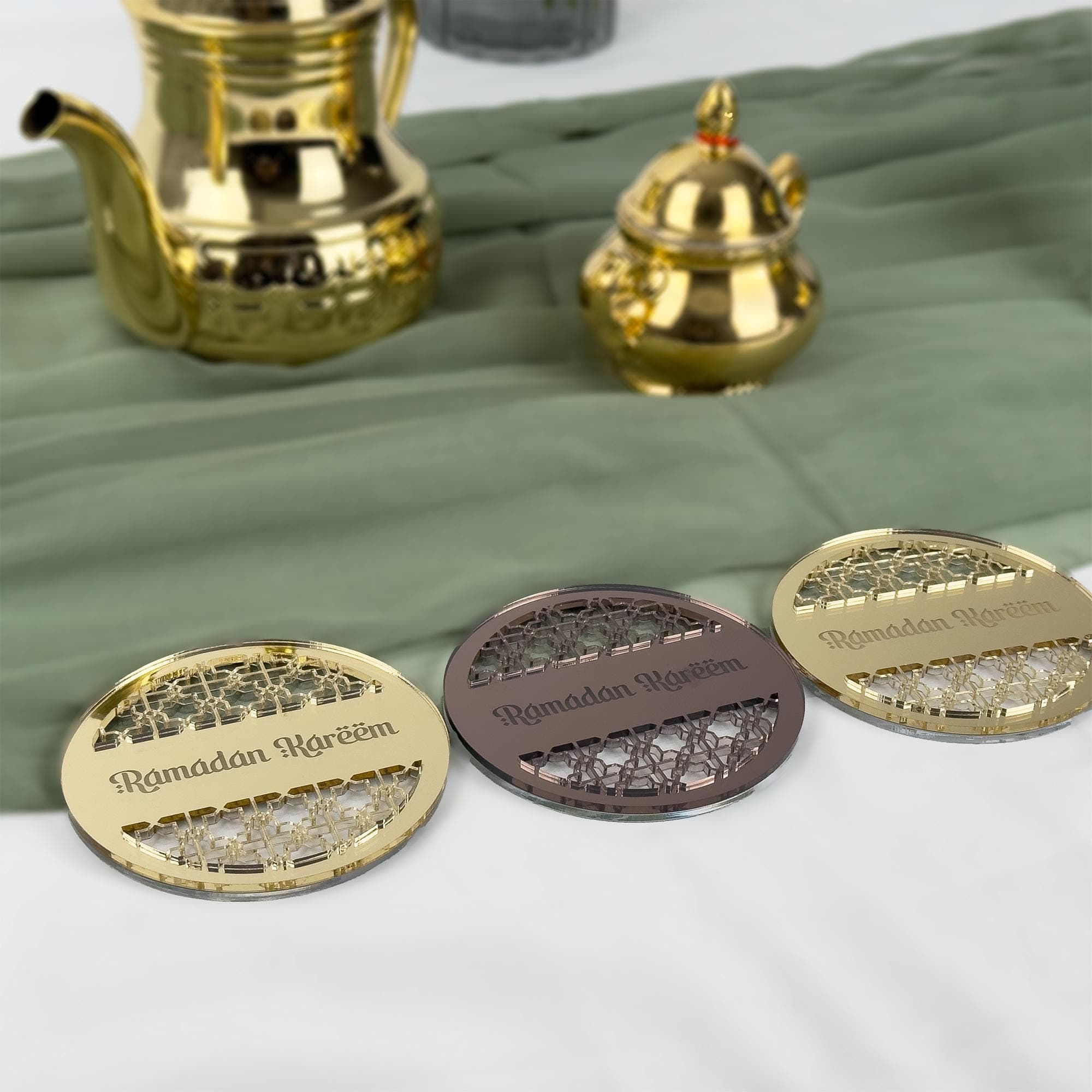 Ramadan Kareem Mirror Coasters: Gold & Bronze Islamic Decor