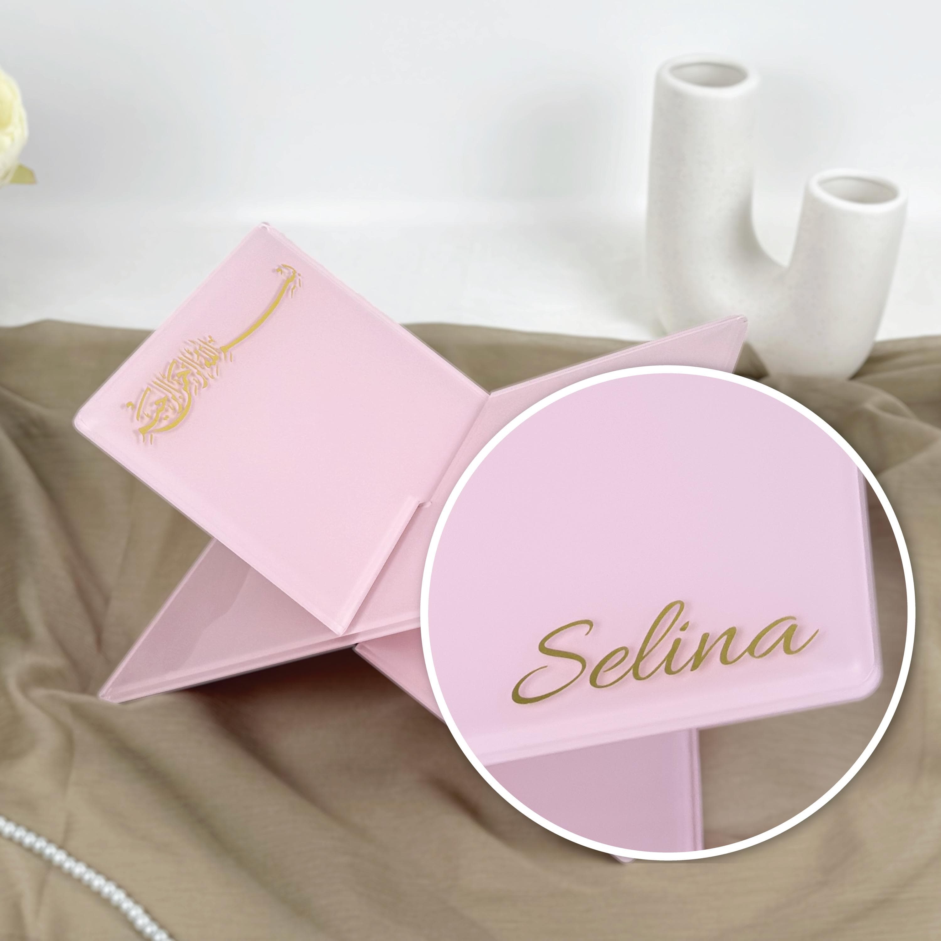 Pink Quran Holder, Elegant Personalized Quran Stand with Bismillah inscripted and name, Ramadan