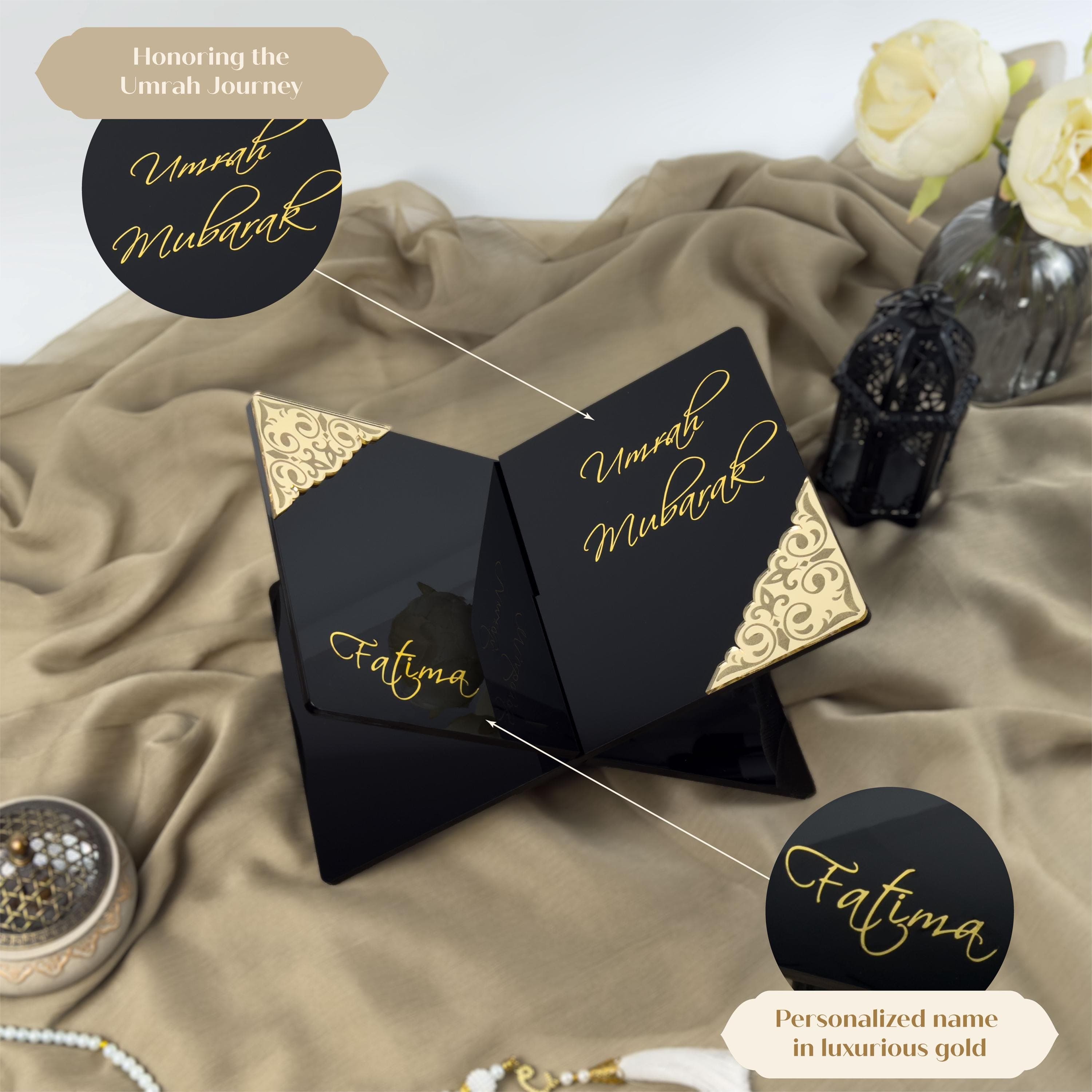 Personalized Umrah Gift Black Acrylic Quran Holder with Gold Accents: Umrah Mubarak - image 5
