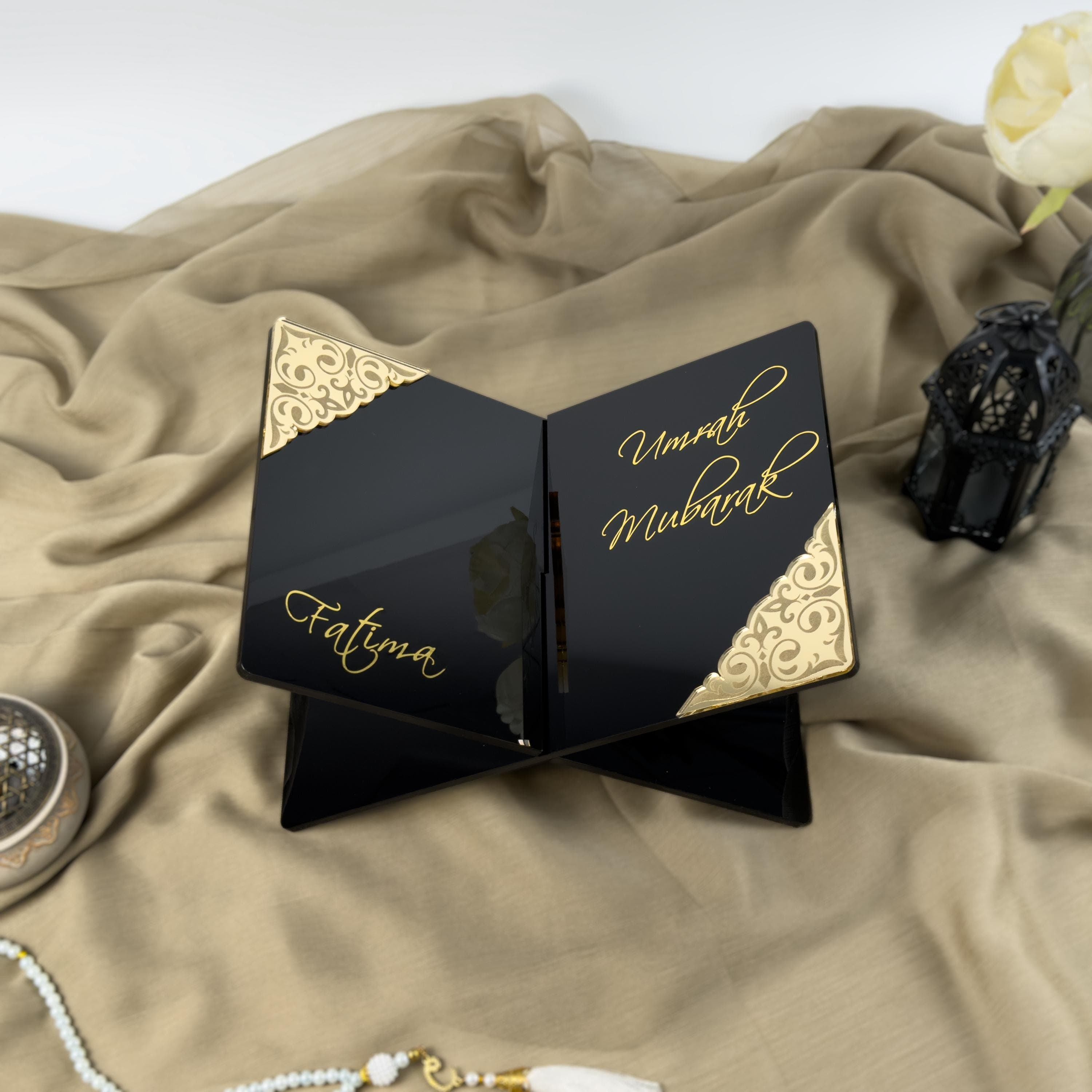 Personalized Umrah Gift Black Acrylic Quran Holder with Gold Accents: Umrah Mubarak