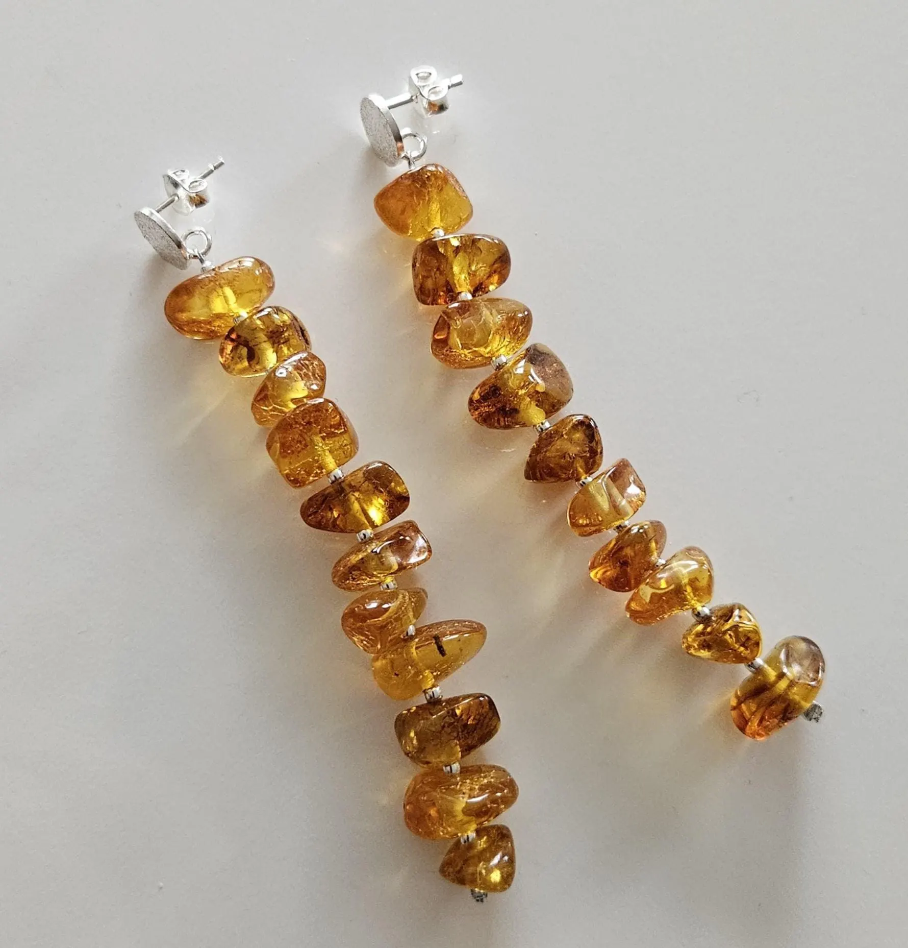 GOLDEN SUNRAYS: Long Dangle Baltic Amber & 925 Sterling Silver Earrings