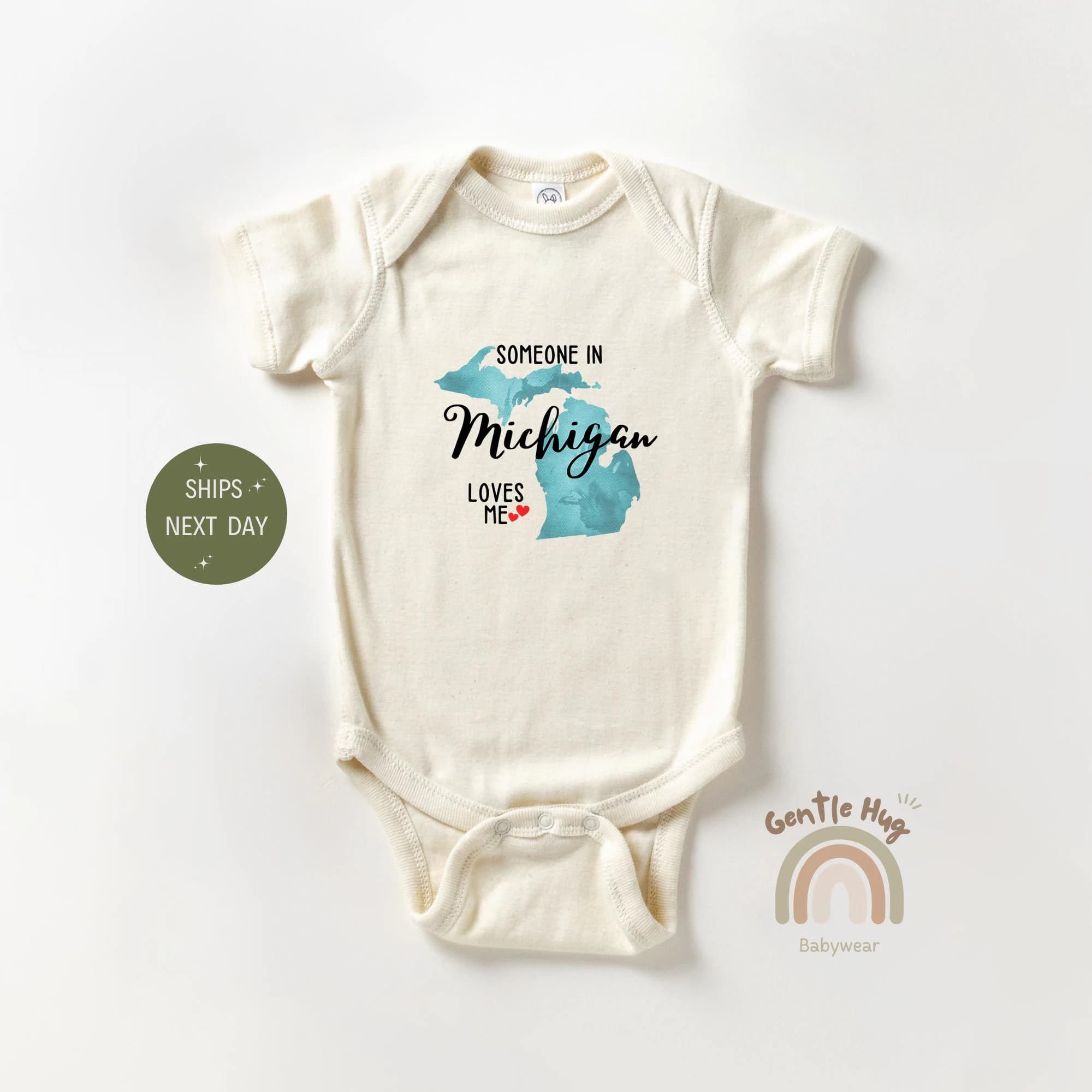 Someone In Michigan Loves Me Baby Bodysuit, State Baby Bodysuit, Cute Natural Baby Bodysuit, Baby Shower Gift, Family Bodysuit