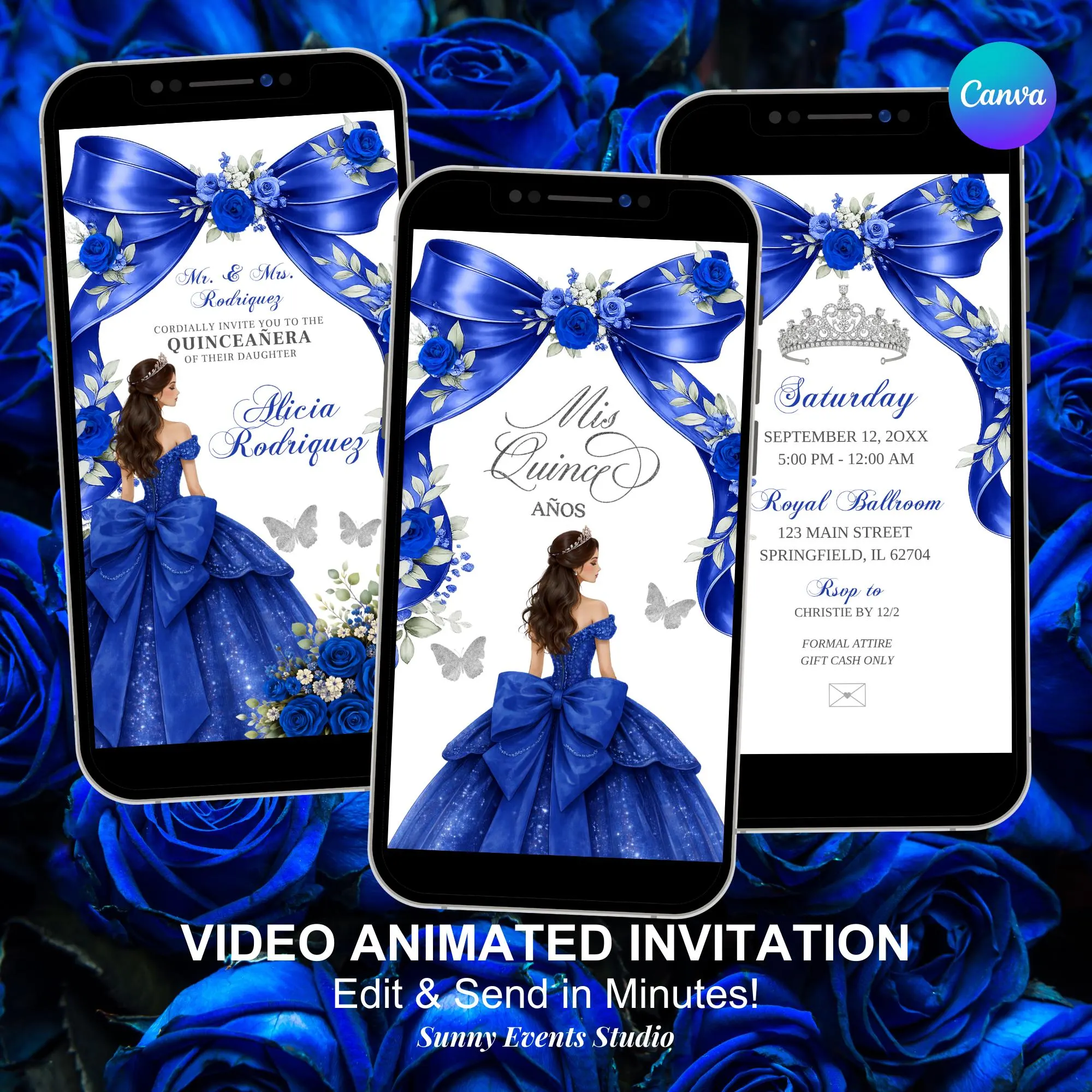 Navy Blue Bow Coquette Quinceanera Invitation, Silver Crown Princess Sweet 16th Invite, Canva Floral Mis Quince Anos XV Animation C227