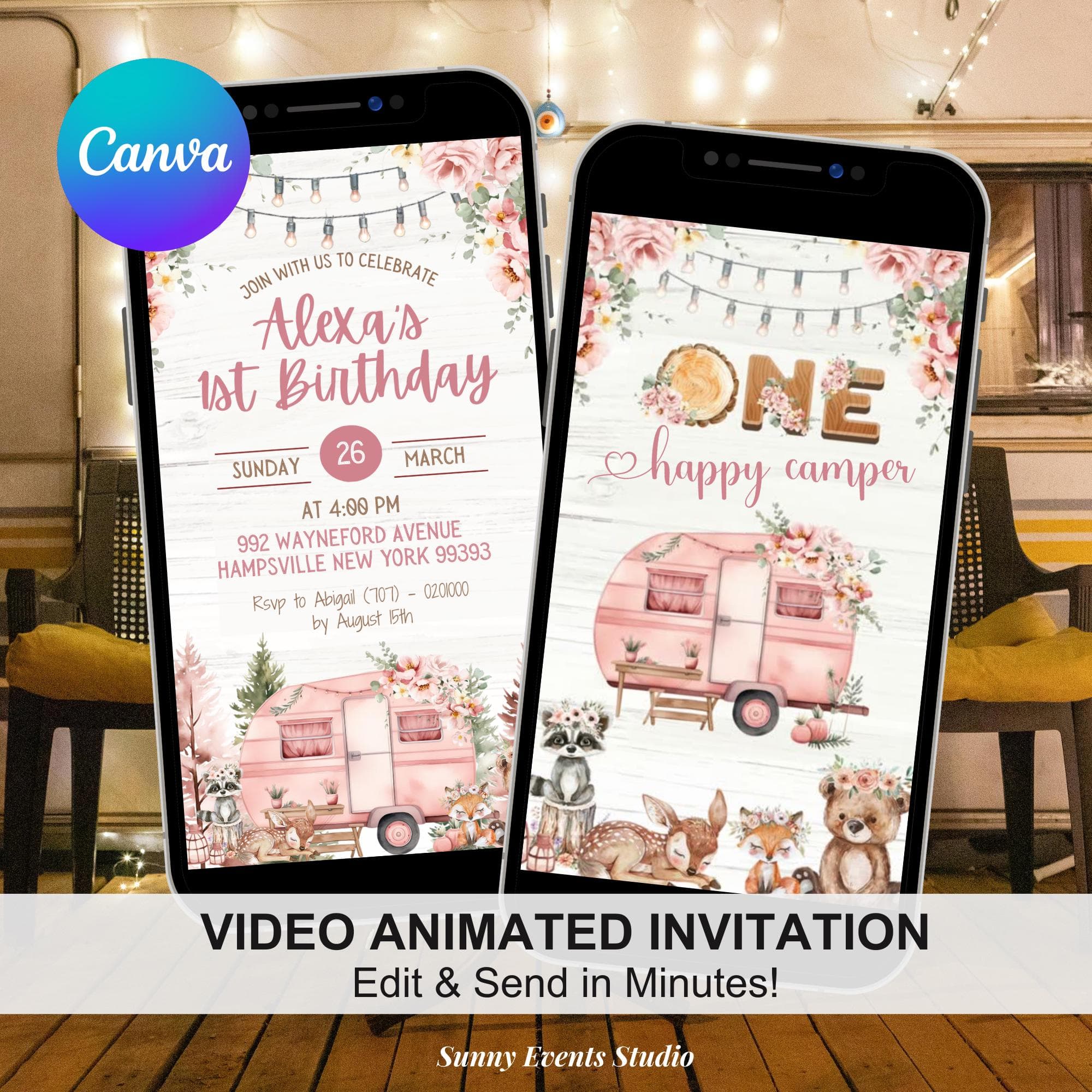 One happy camper pink girl's birthday video invitation, boho fall girl camping 1st birthday party, rustic woodland Animated birthday C34