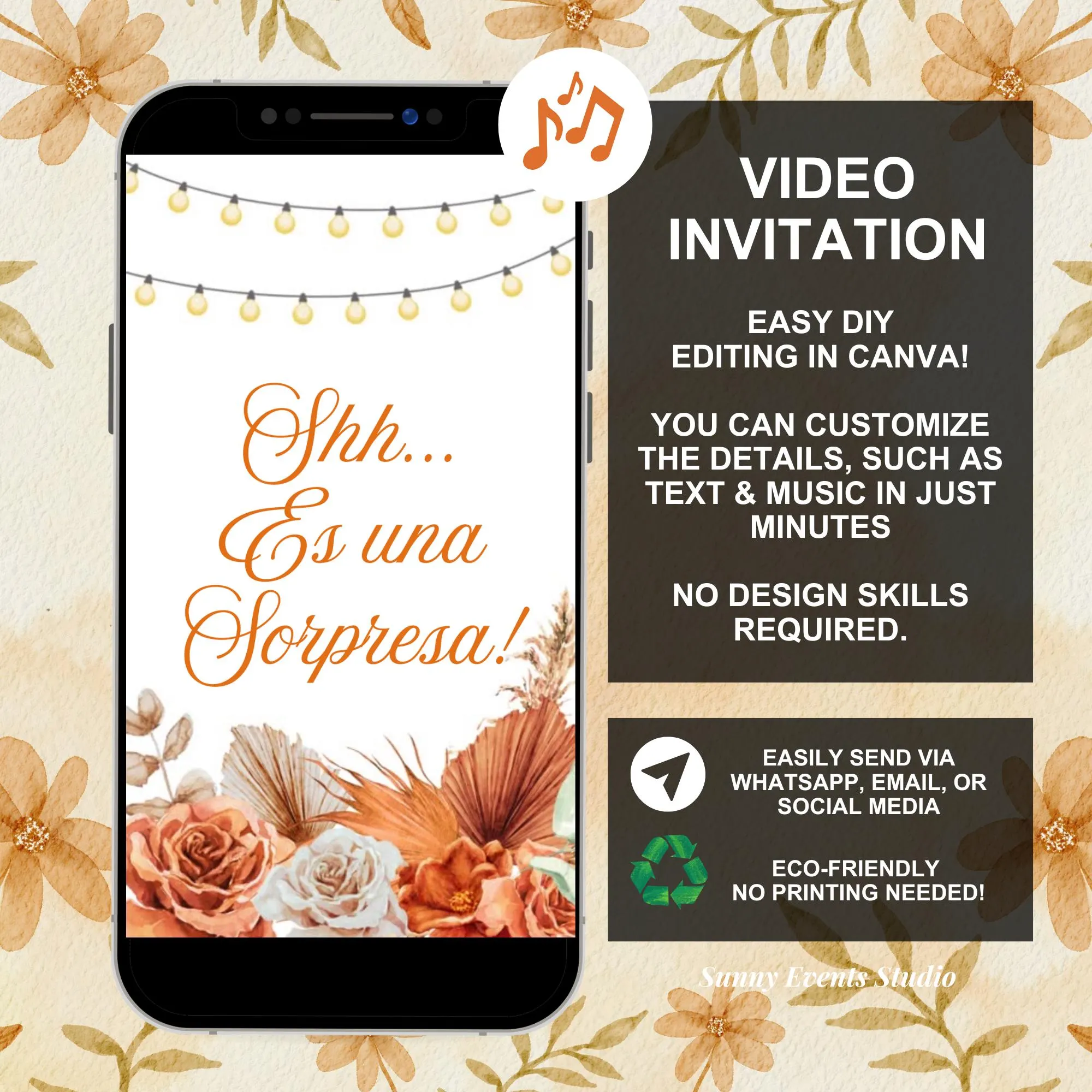 Fall Boho Teracotta Sorpresa Birthday Video Invitation, Es Una Sorpresa Spanish Woman Birthday Invite, Spanish Birthday Video Animation C164 - image 3