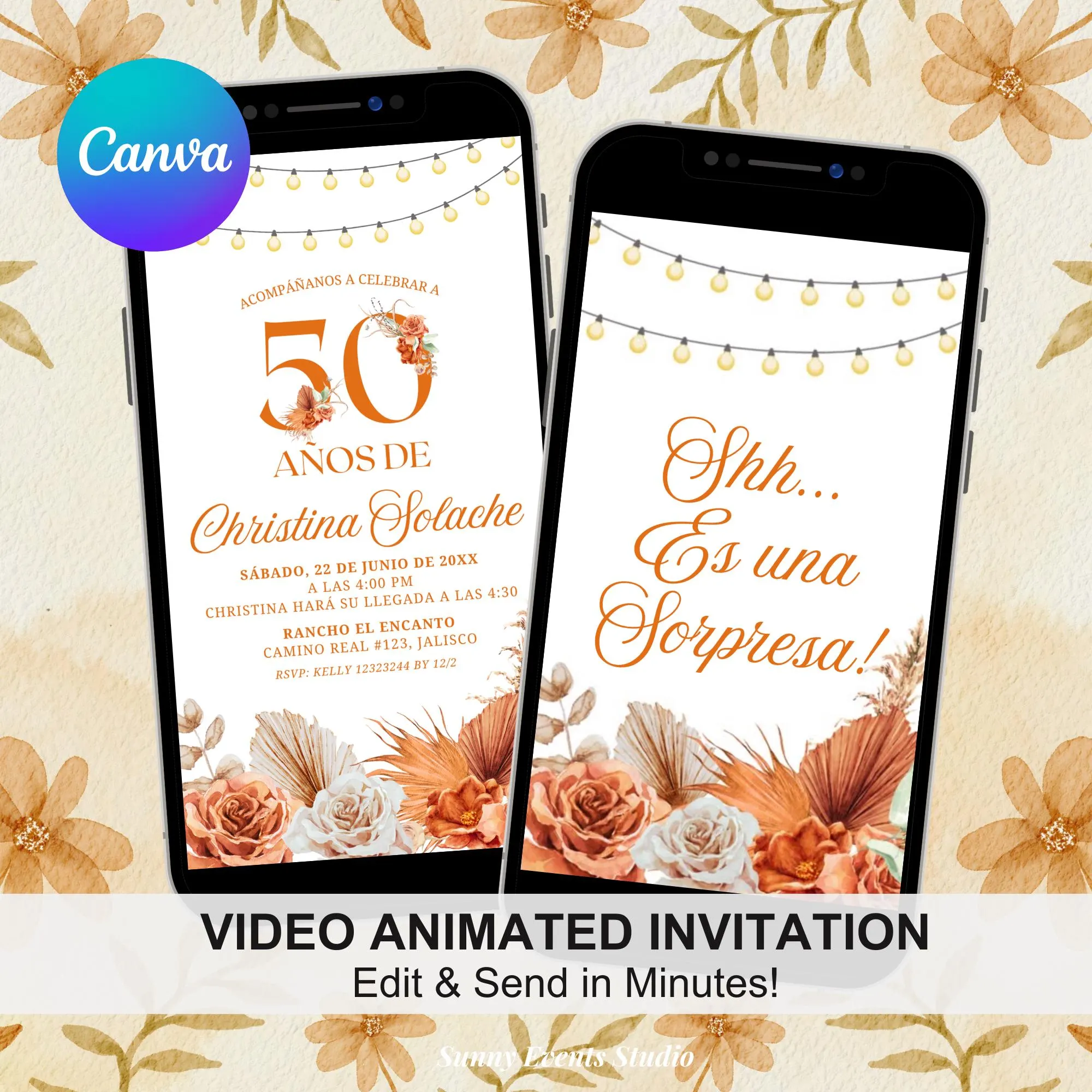 Fall Boho Teracotta Sorpresa Birthday Video Invitation, Es Una Sorpresa Spanish Woman Birthday Invite, Spanish Birthday Video Animation C164