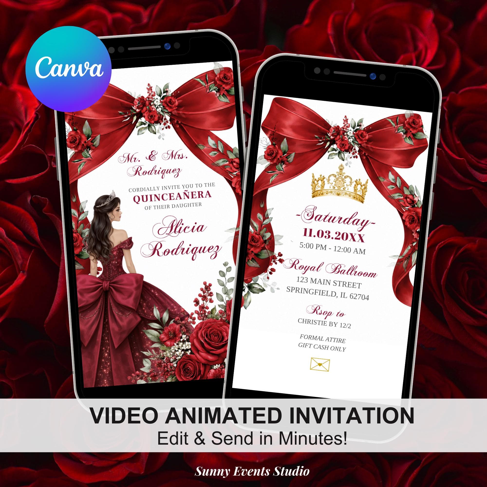 Red Burgundy Bow Coquette Quinceanera Invitation, Gold Crown Princess Sweet 16th Invite, Canva Animation Floral Mis Quince Anos XV C227 - image 3