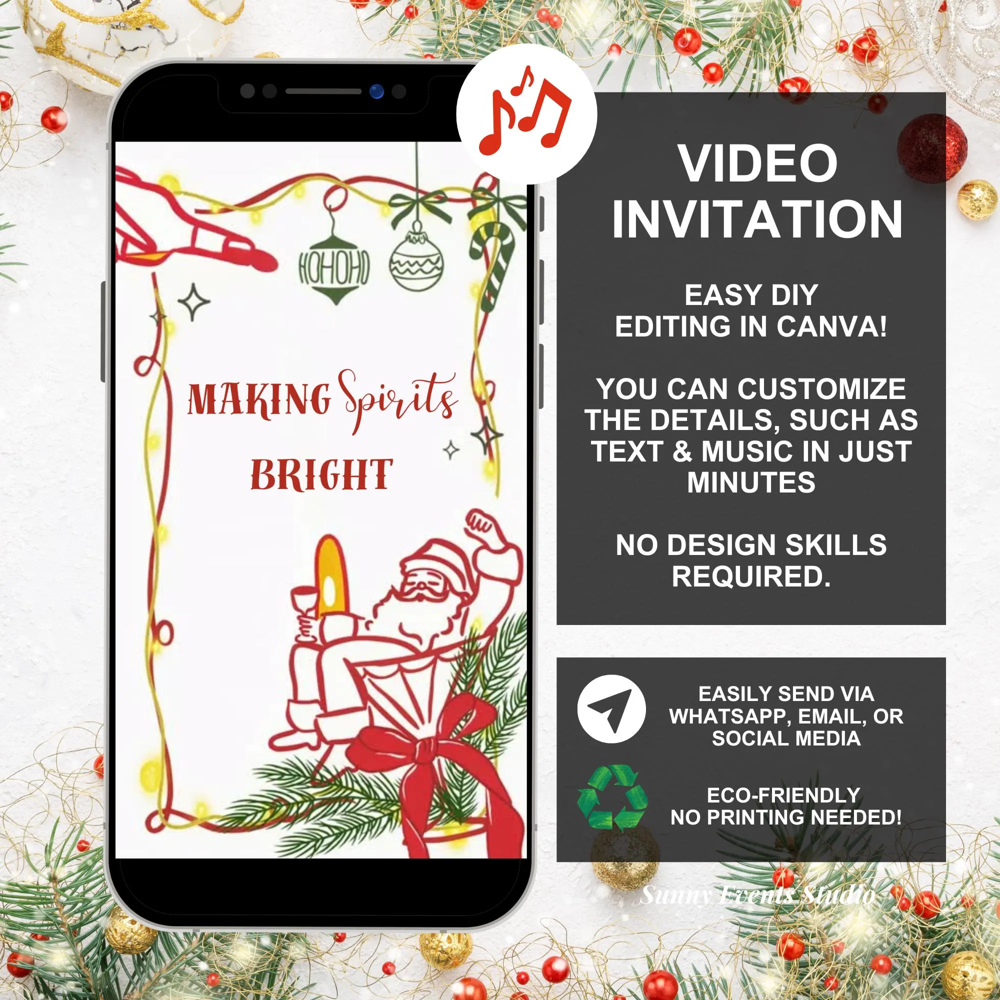 Hand Doodle Christmas Holiday Cocktail Party Invitation, Making Spirits Bright Holiday Party Invite, Canva Holiday Party Animation C165 - image 3