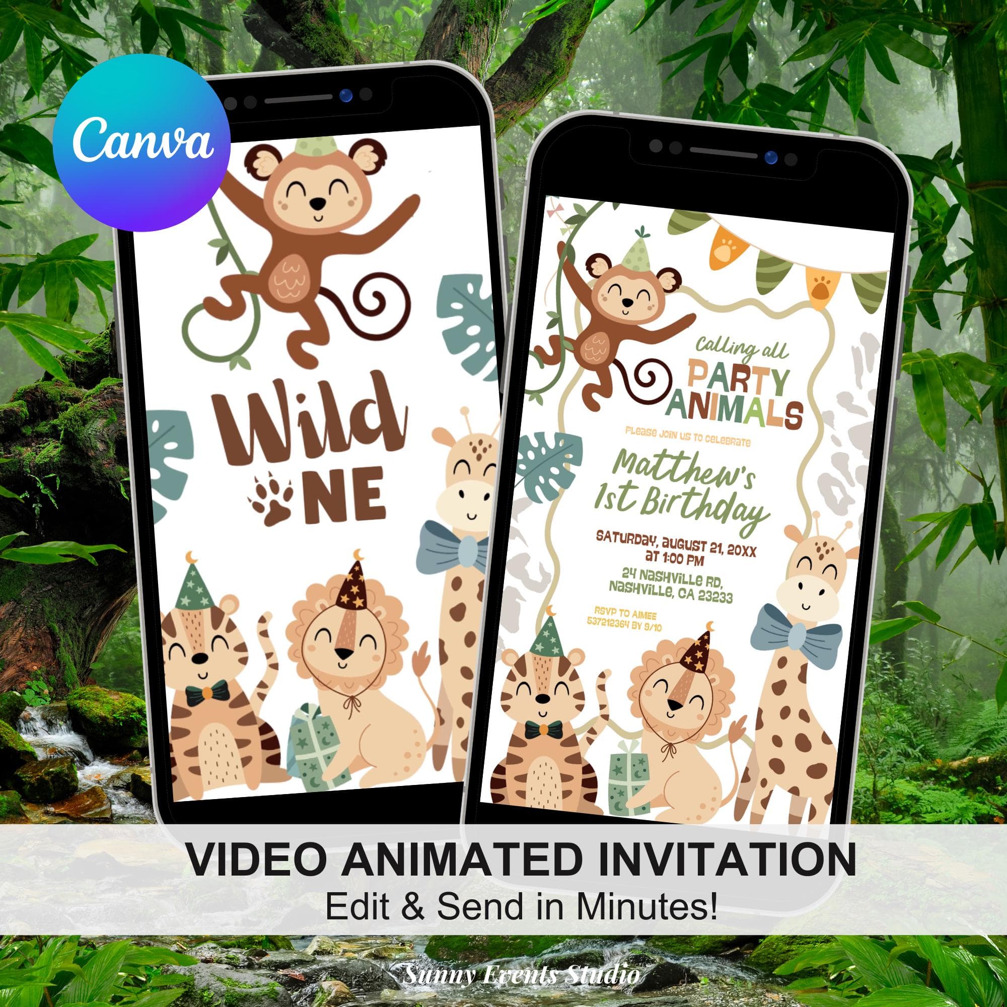 Safari Animals Leopard Pattern Birthday Invitation, Wild One Boy 1st Birthday Invite, Canva Editable Wild Animals Birthday Animation C219