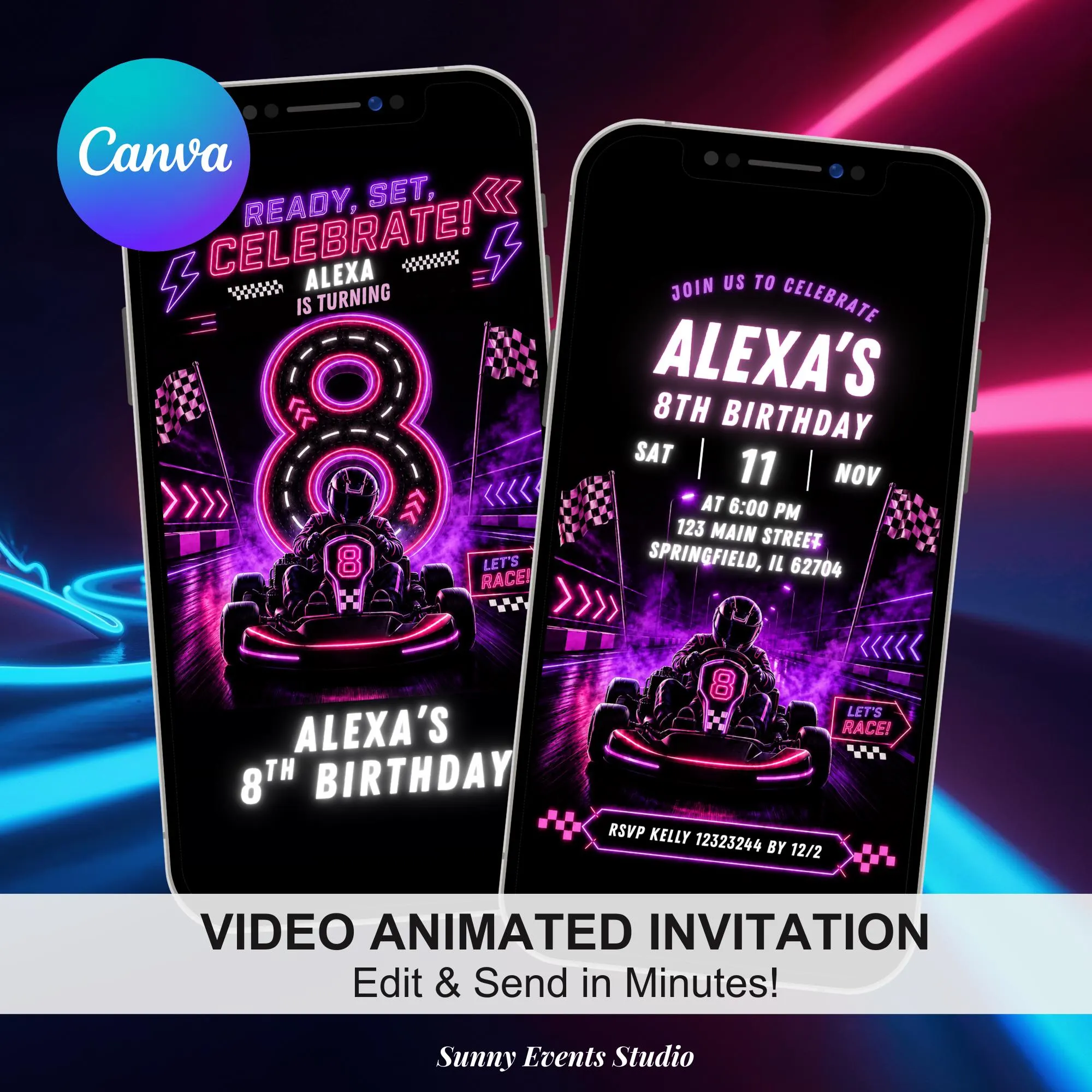Neon Pink Purple Girl Racing 8th Birthday Invitation, Editable Canva Template Gokart Birthday With RSVP Tracking (Digital Download)