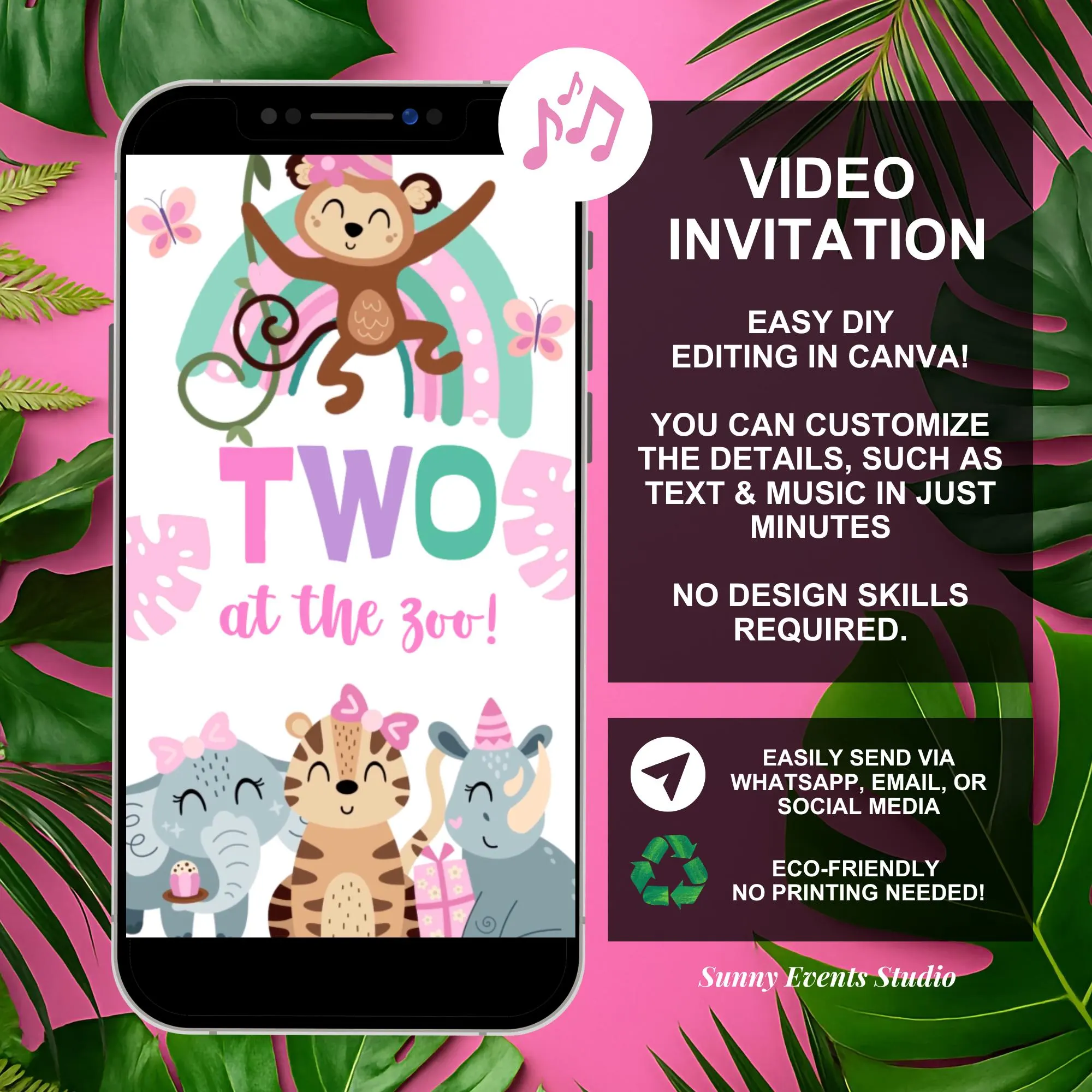Safari Animals TWO at the Zoo Birthday Invitation, Jungle Party Animal Girl 2nd Birthday Invite, Canva Wild Animals Birthday Animation C219 - image 3