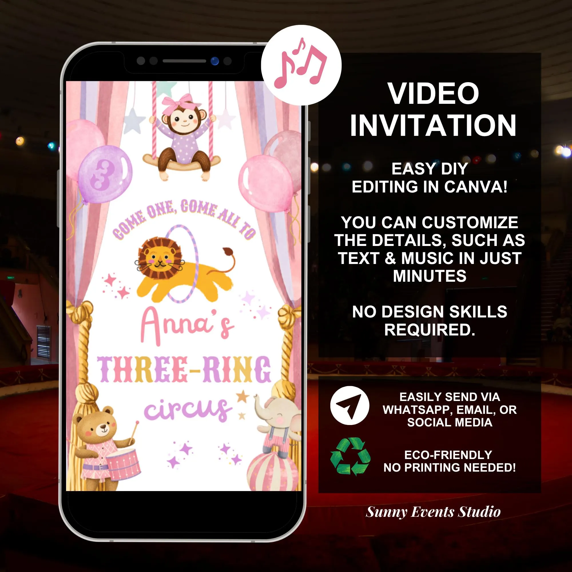 Pink Purple Three-ring Circus Girl Birthday Invitation, Carnival Theme Kids 3rd Birthday, Birthday Ticket Editable Canva Animation C260 - image 3
