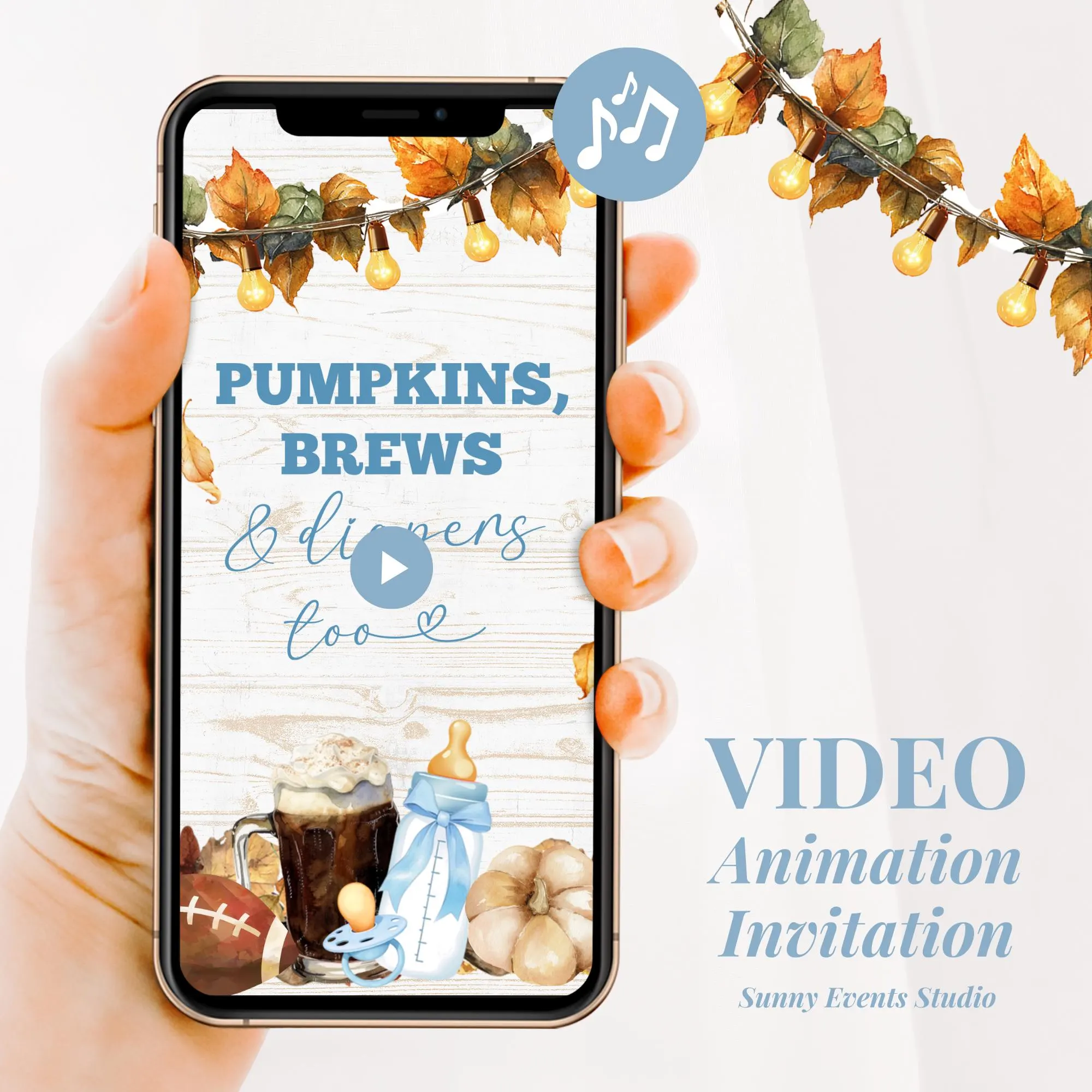 Fall Boho Pumpkins Too Co-ed Baby Shower Video Invitation, Pumpkin Brews and Diapers Too Baby Shower Invite, Fall Baby Shower Animation C141 - image 3