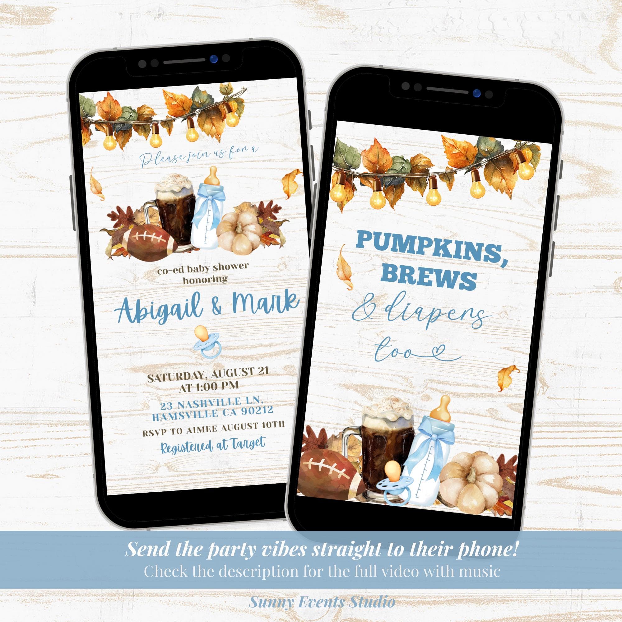 Fall Boho Pumpkins Too Co-ed Baby Shower Video Invitation, Pumpkin Brews and Diapers Too Baby Shower Invite, Fall Baby Shower Animation C141