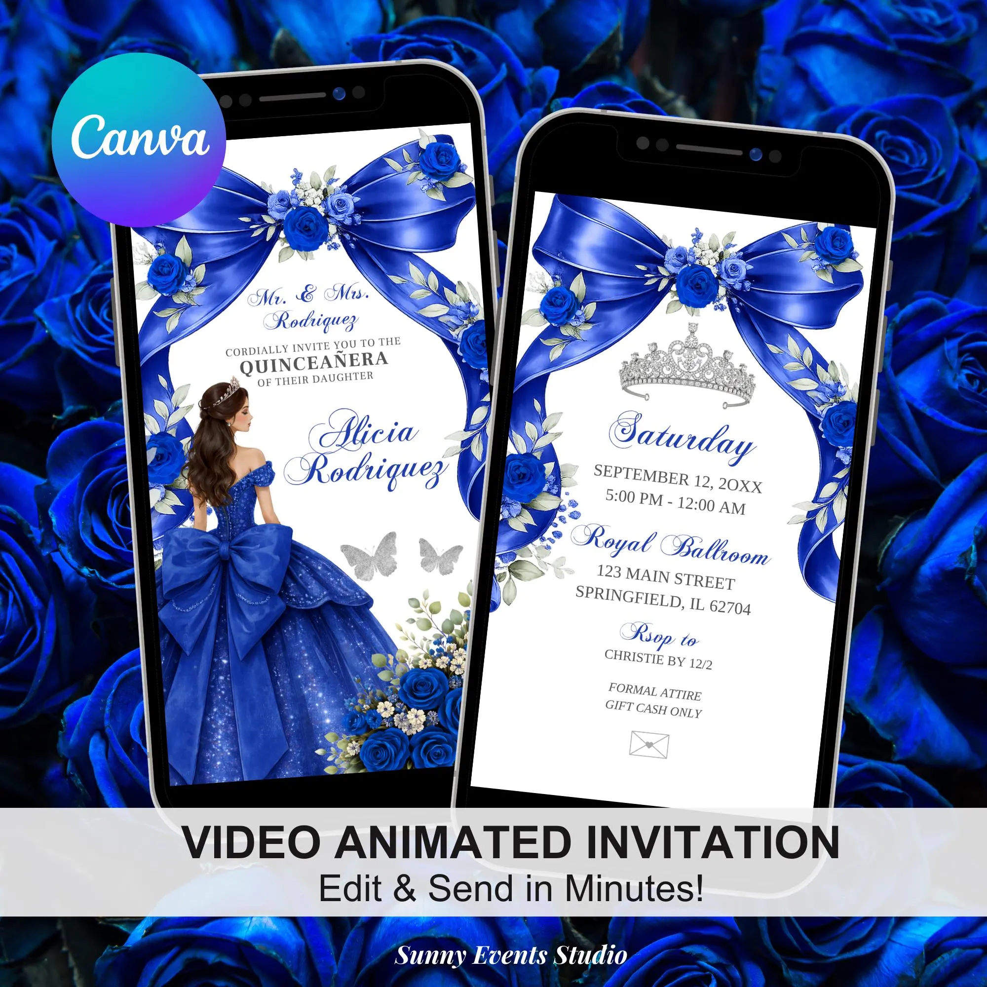 Navy Blue Bow Coquette Quinceanera Invitation, Silver Crown Princess Sweet 16th Invite, Canva Floral Mis Quince Anos XV Animation C227 - image 3